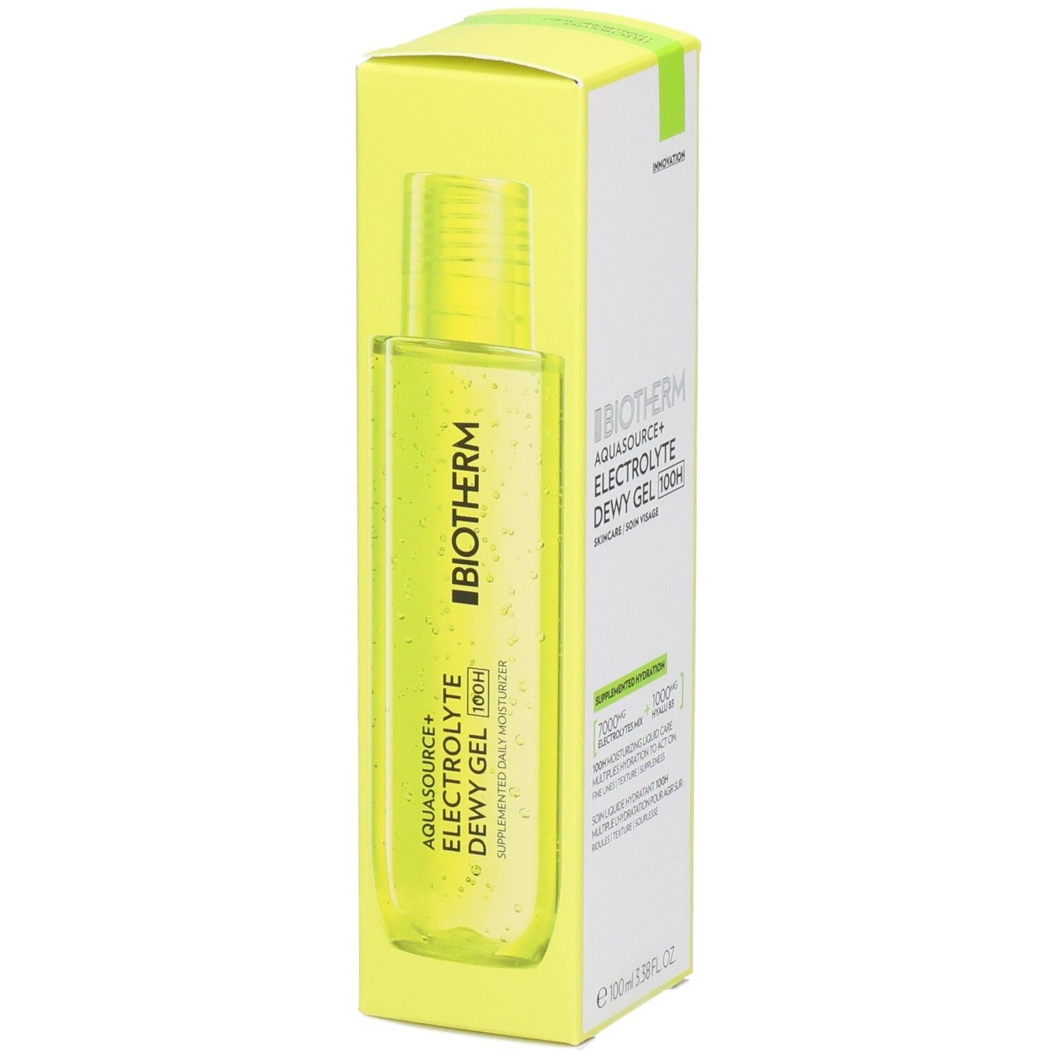 Biotherm Aquasource+ Electrolyte Dewy Gel 100H in Verpackung und Flasche.