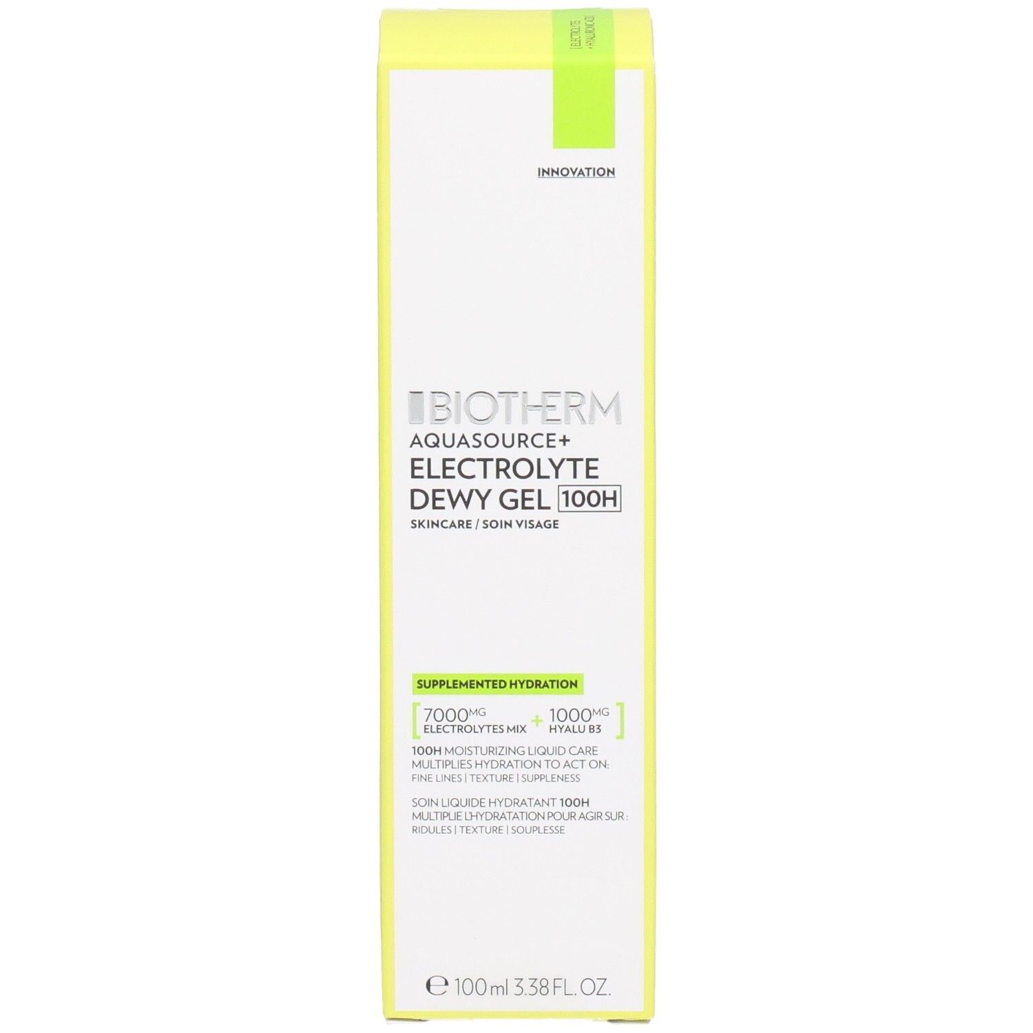 Vorderseite der Biotherm Aquasource+ Electrolyte Dewy Gel 100H Verpackung mit Produktinformationen.