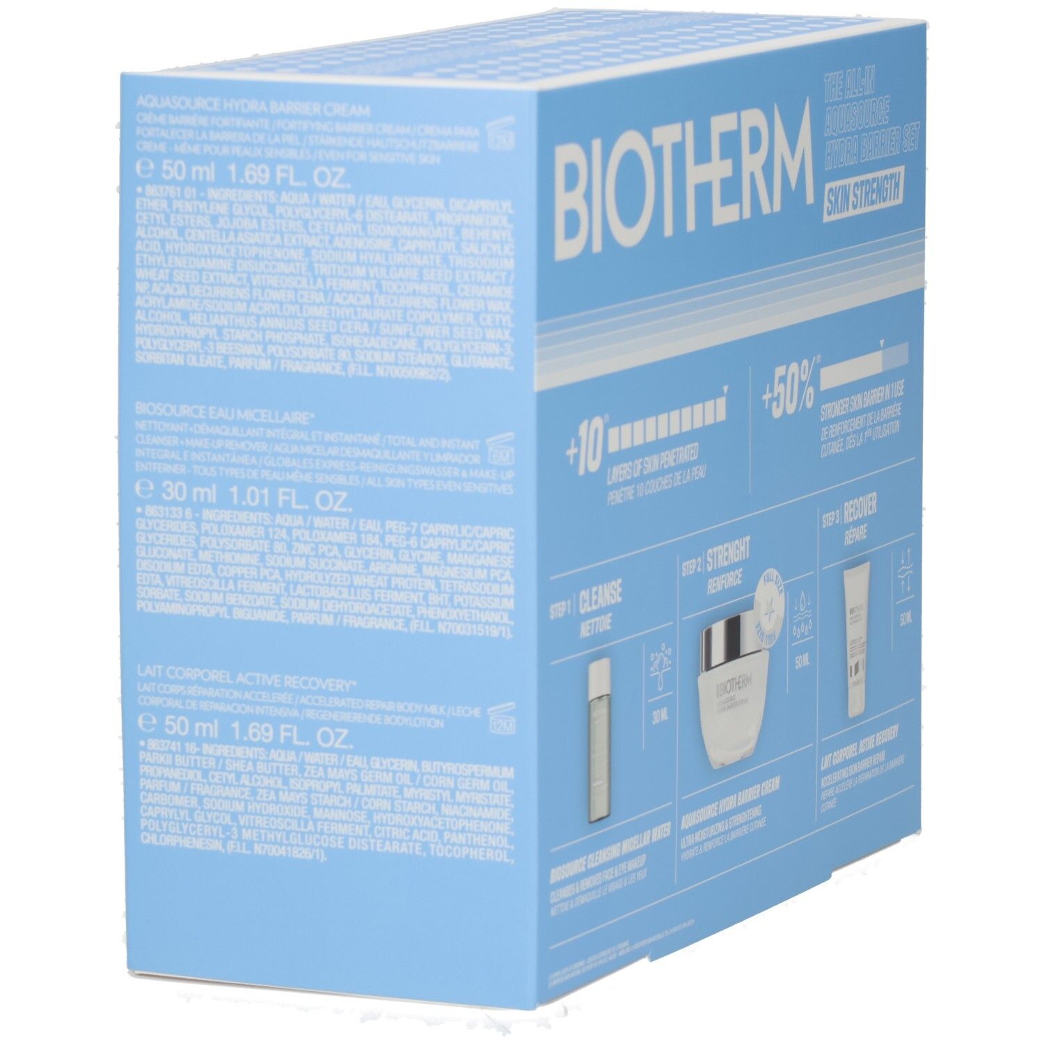 Seitenansicht der Biotherm Aquasource Hydra Barrier Set Kosmetikverpackung mit detaillierten Produktinformationen.