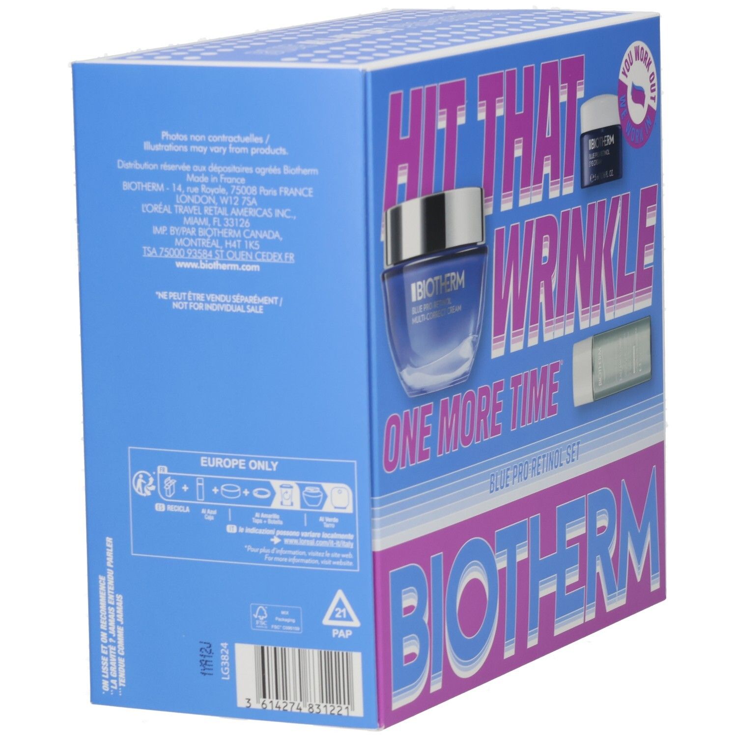 Rückseite der BIOTHERM Blue Pro Retinol Set Verpackung mit Produktinformationen und Barcode.
