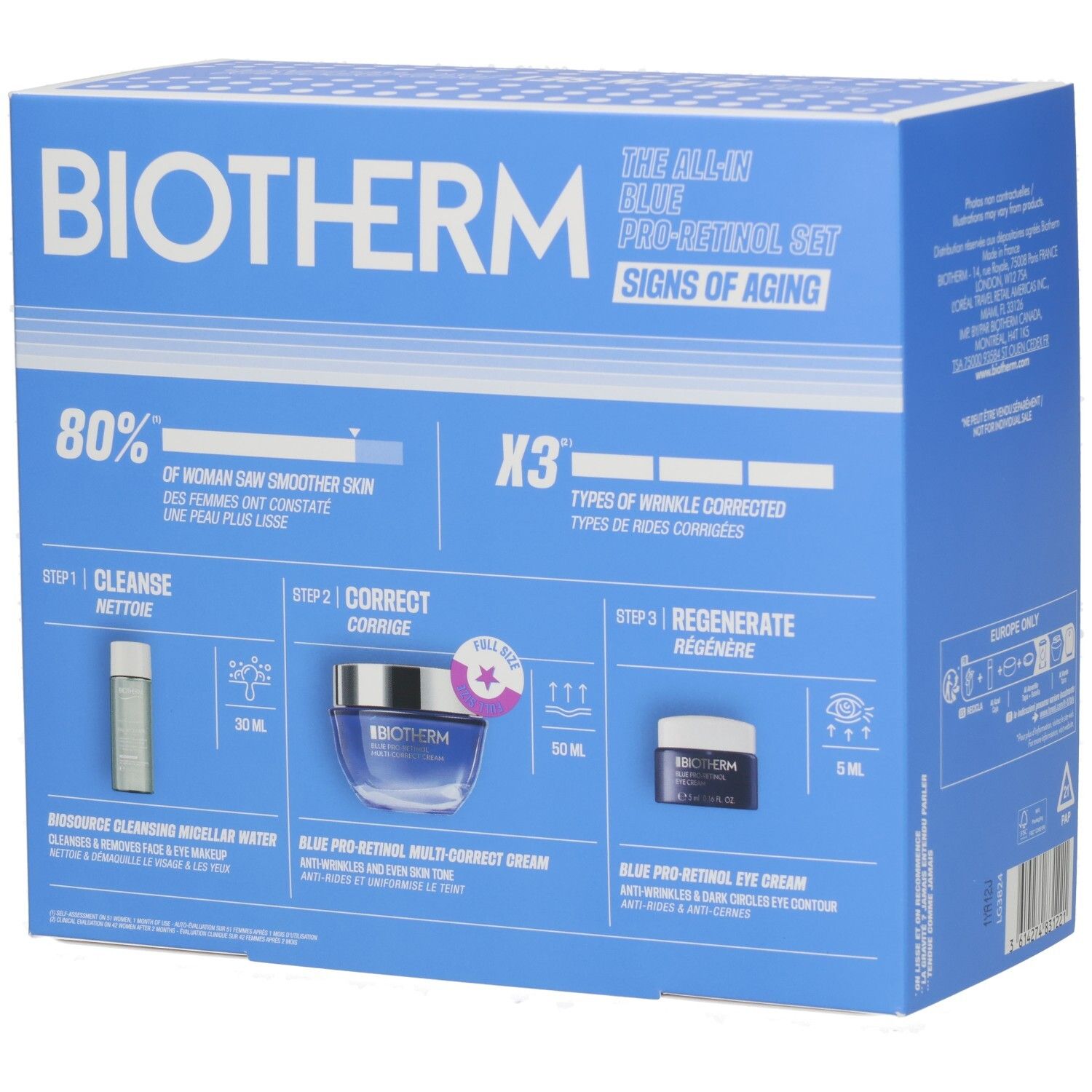 BIOTHERM Blue Pro Retinol Set: Verpackung zeigt 3 Schritte: Reinigen, Korrigieren, Regenerieren mit Produktabbildungen.