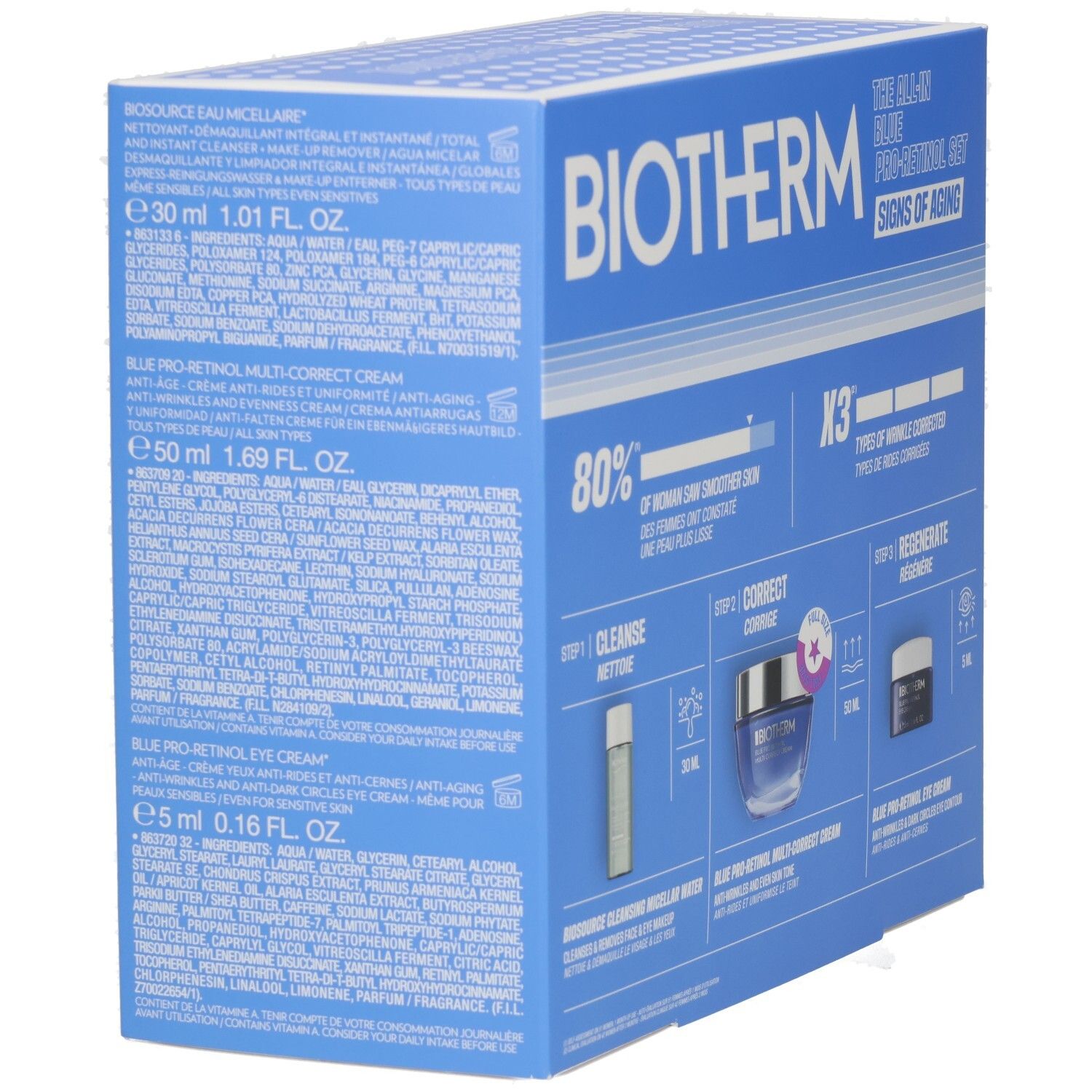 Seitenansicht der BIOTHERM Blue Pro Retinol Set Verpackung mit detaillierten Produktinformationen.