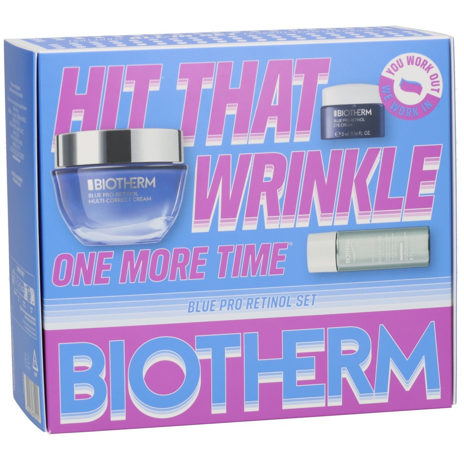 BIOTHERM Blue Pro Retinol Set: Tiegel, kleines Tiegelchen und Tube auf blauer Verpackung mit pinker Schrift.