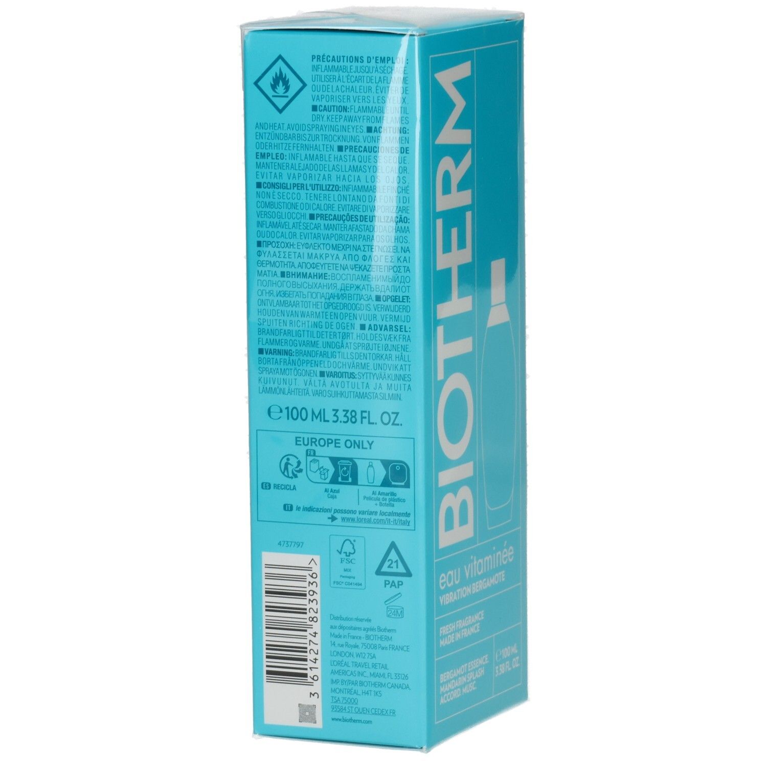 Biotherm Eau Vitaminee Box, 100ml. Hellblaue Verpackung mit Produktinformationen und Markenschriftzug.