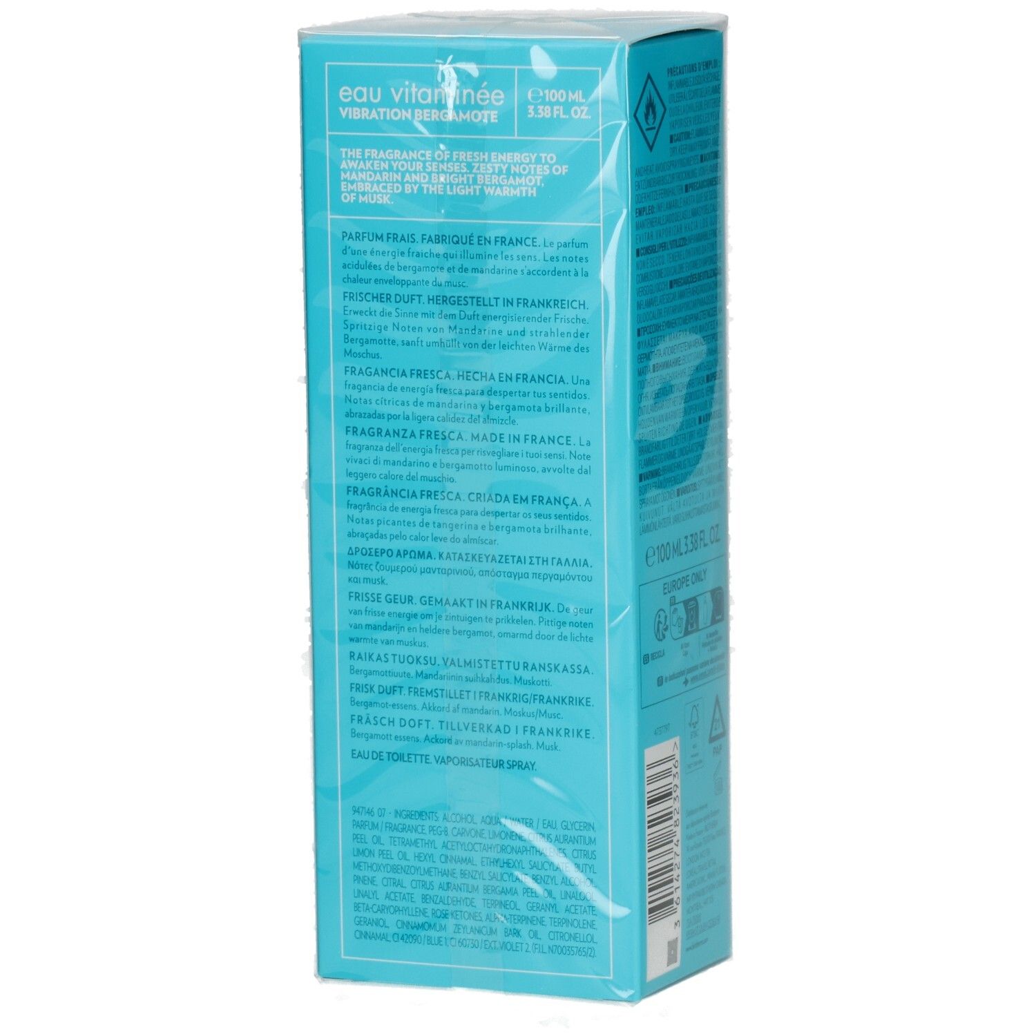 Verpackung für Eau Vitaminee, 100ml, mit Textangaben auf Französisch und Englisch.
