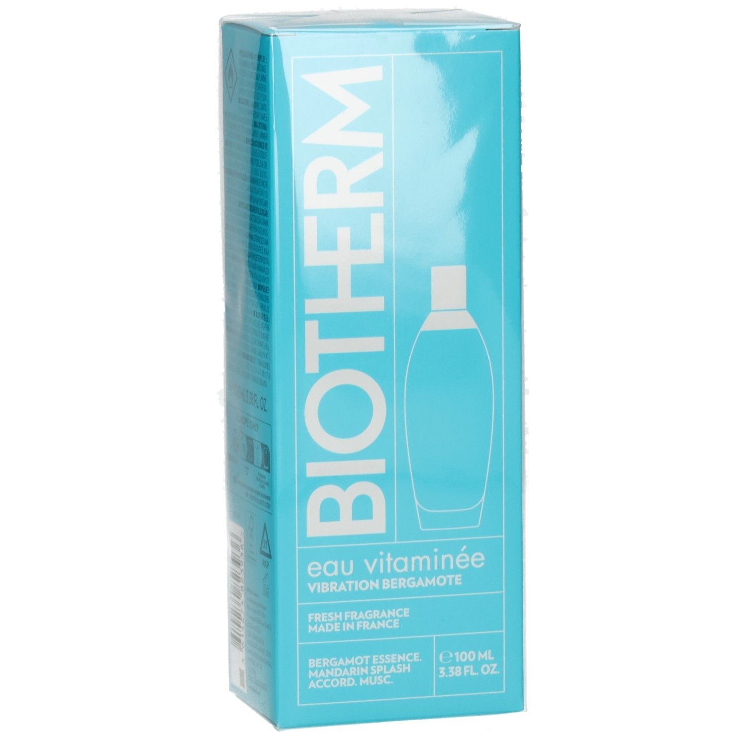Biotherm Eau Vitaminee Box mit 100 ml Inhalt. Hellblaue Verpackung mit weißer Schrift und Flaschenabbildung.