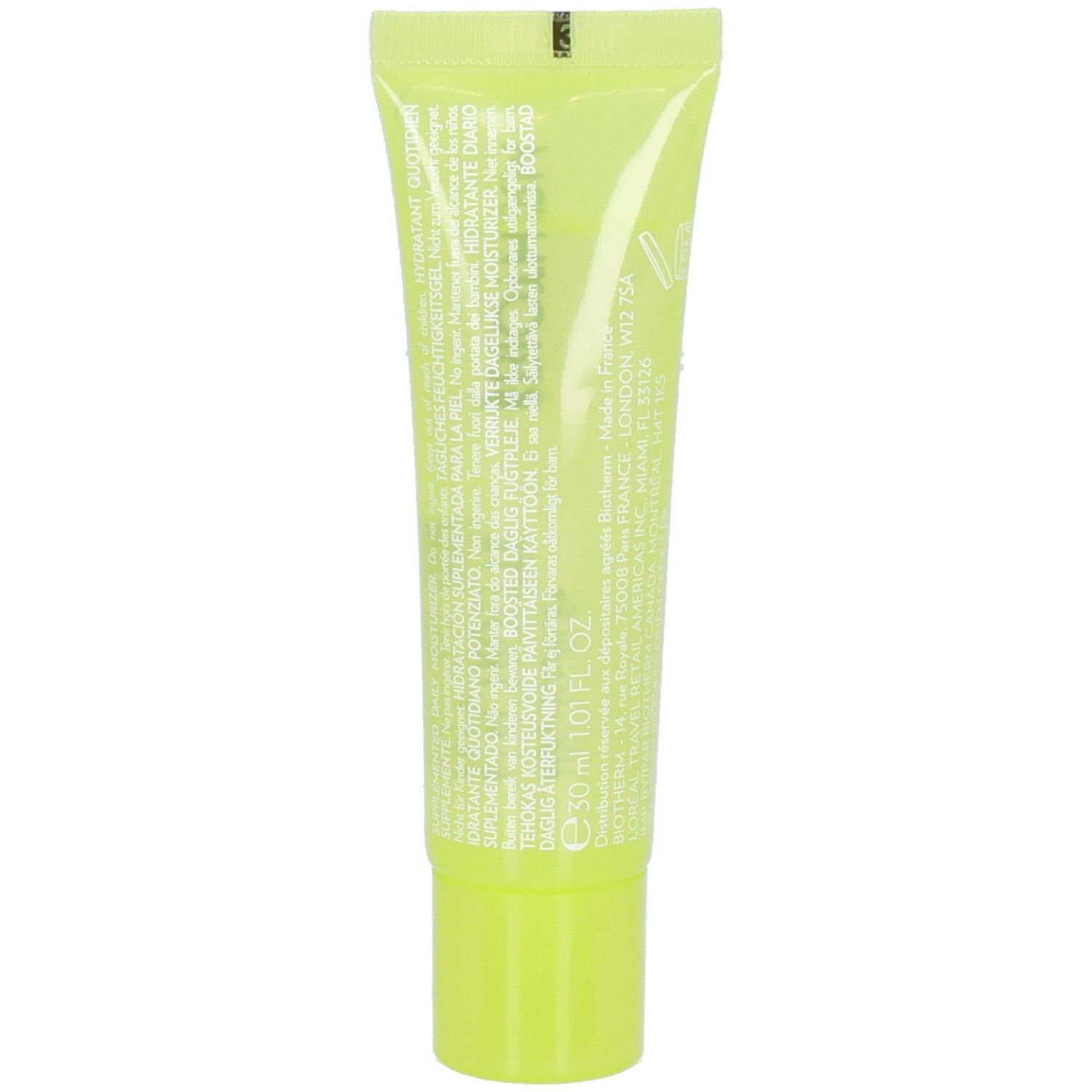 Rückseite der BIOTHERM Aquasource+ Electrolyte Dewy Gel 100H Tube mit Inhaltsstoffen und Volumenangabe.