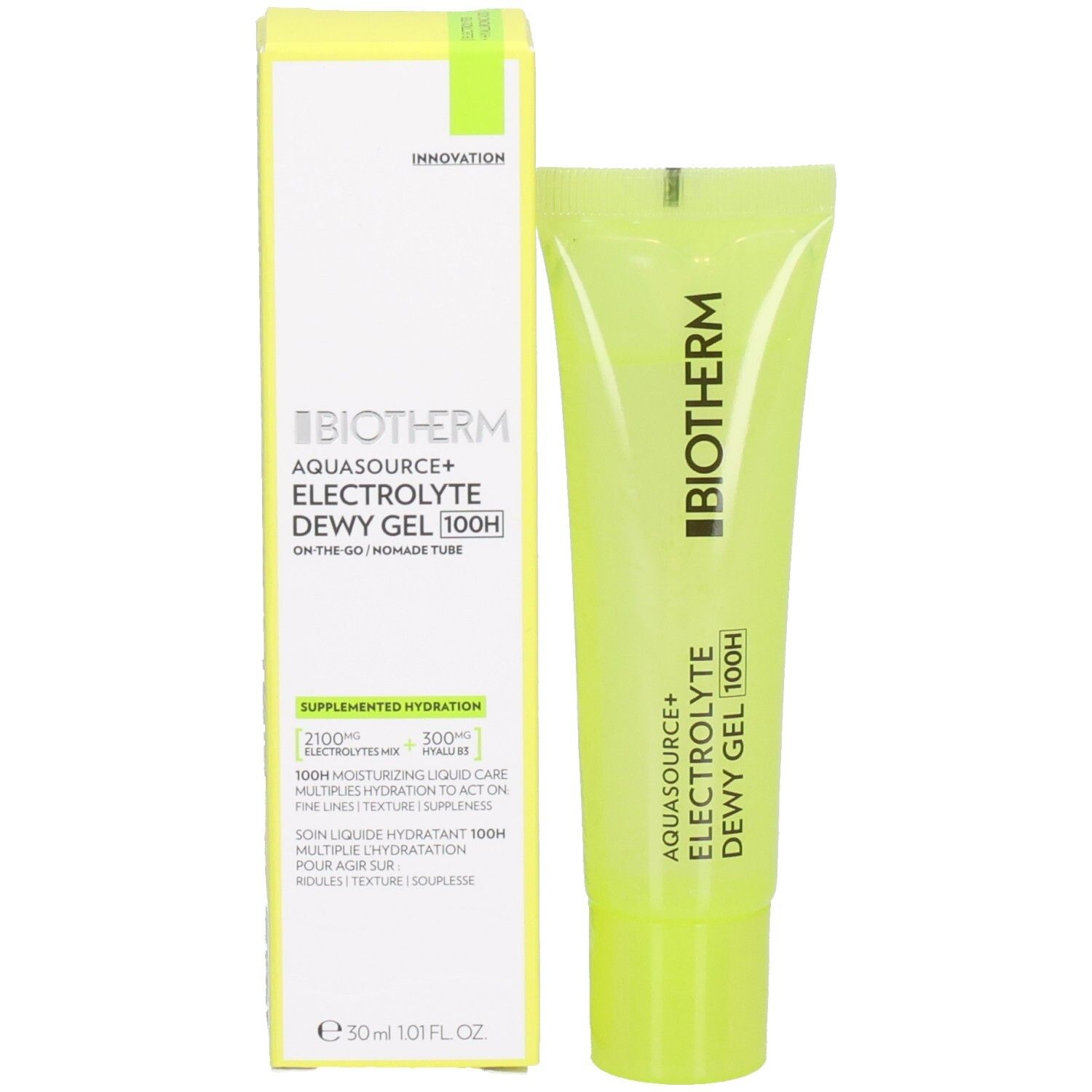 BIOTHERM Aquasource+ Electrolyte Dewy Gel 100H Tube und Verpackung. Gel-Creme mit Beipackzettel.