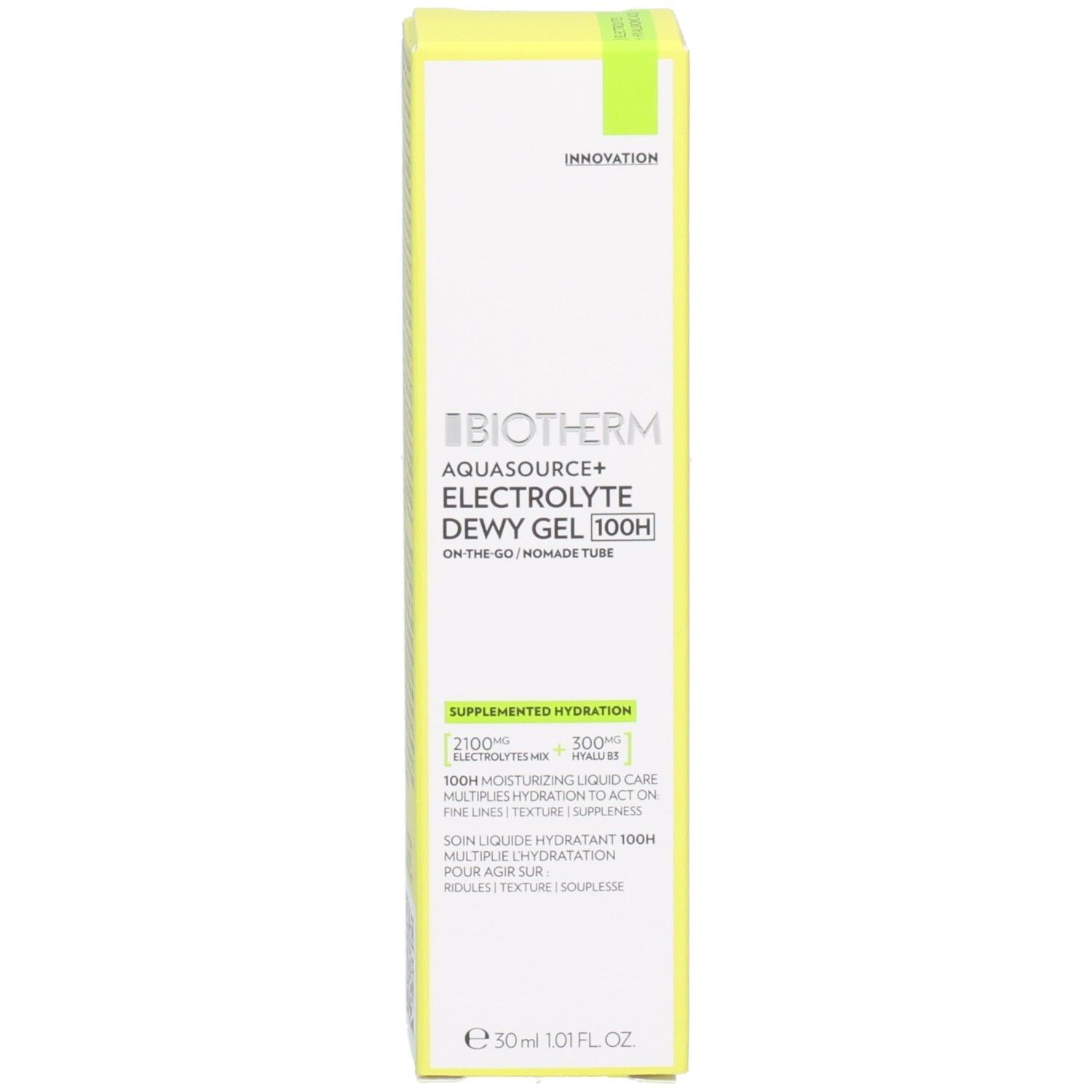 Verpackung BIOTHERM Aquasource+ Electrolyte Dewy Gel 100H. Gel-Creme mit Informationen zur Feuchtigkeitspflege.