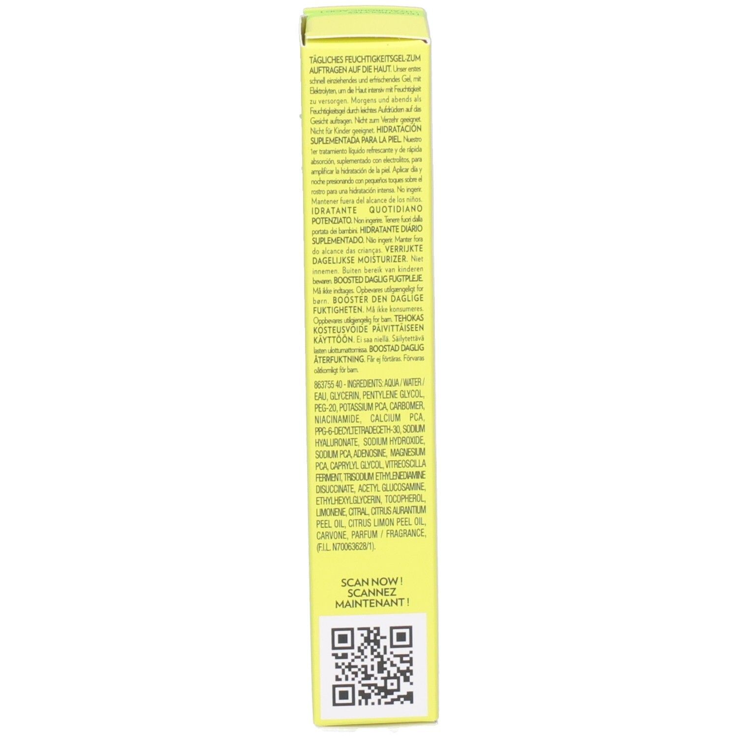 Seitenansicht der BIOTHERM Aquasource+ Electrolyte Dewy Gel 100H Verpackung mit Inhaltsstoffen und QR-Code.
