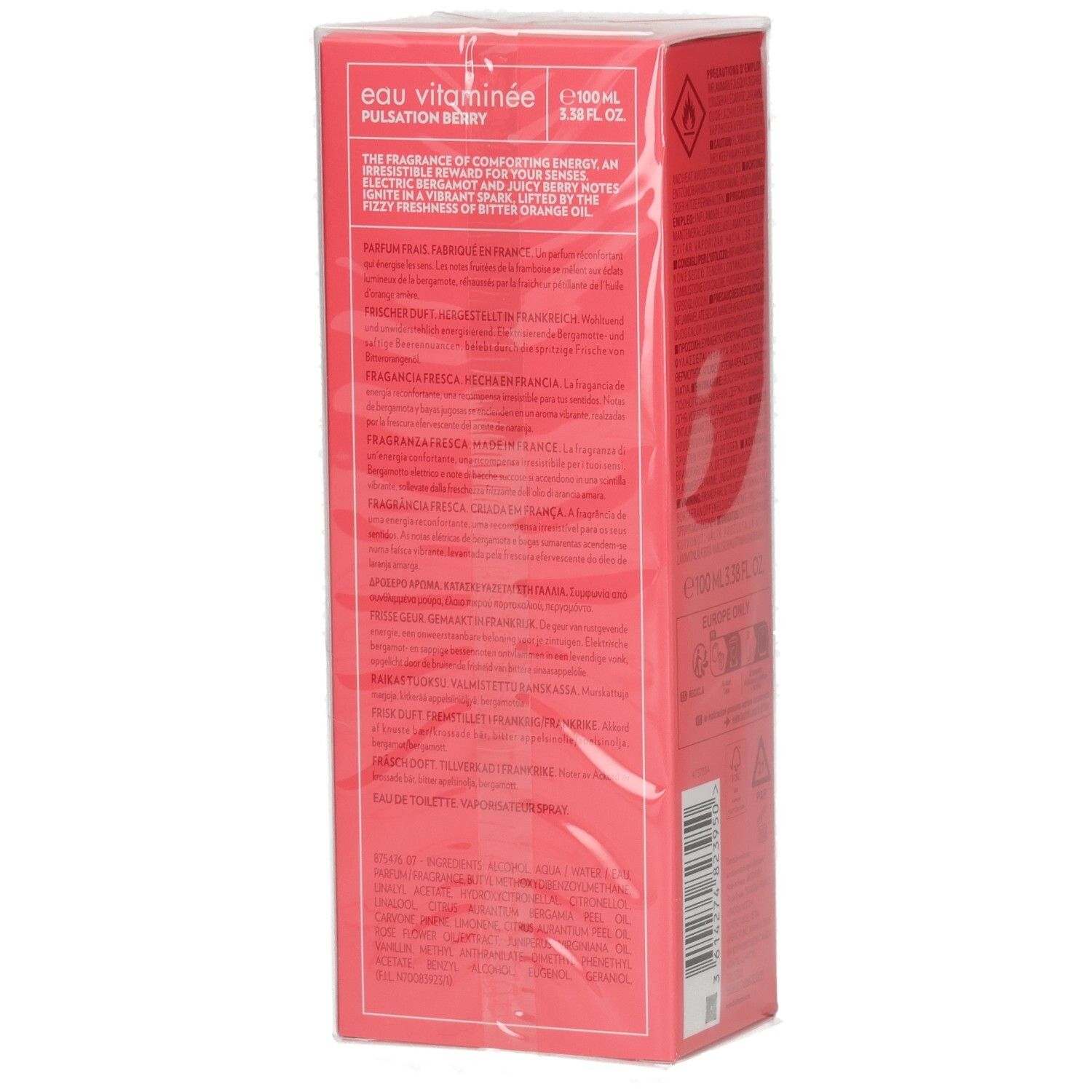 Seitenansicht der BIOTHERM Eau Vitaminée Pulsation Berry Verpackung mit detaillierten Produktbeschreibungen.