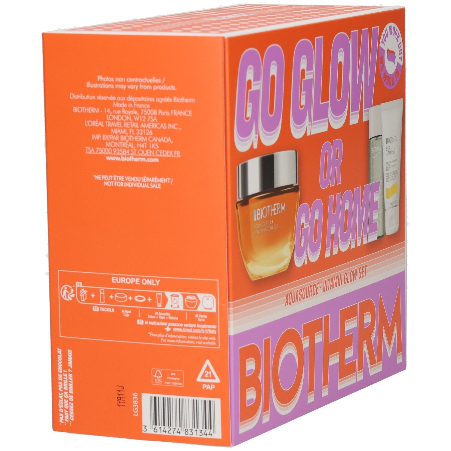 Rückseite der Biotherm Aquasource Vitamin Glow Set Kosmetikverpackung mit Produktinformationen und Barcode.