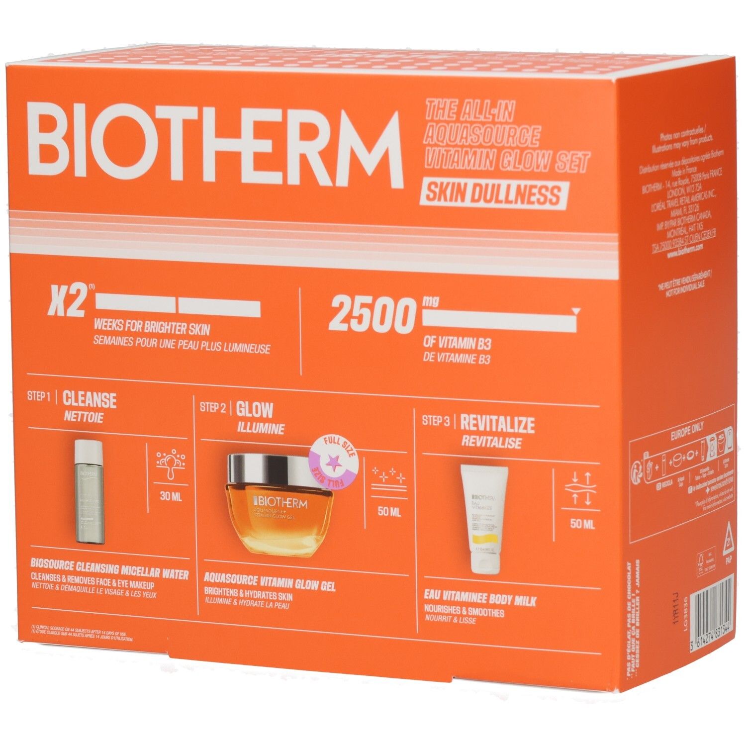 Biotherm Aquasource Vitamin Glow Set Kosmetikverpackung mit drei Produkten, Schritt-für-Schritt-Anleitung und Vitamin B3-Angabe.