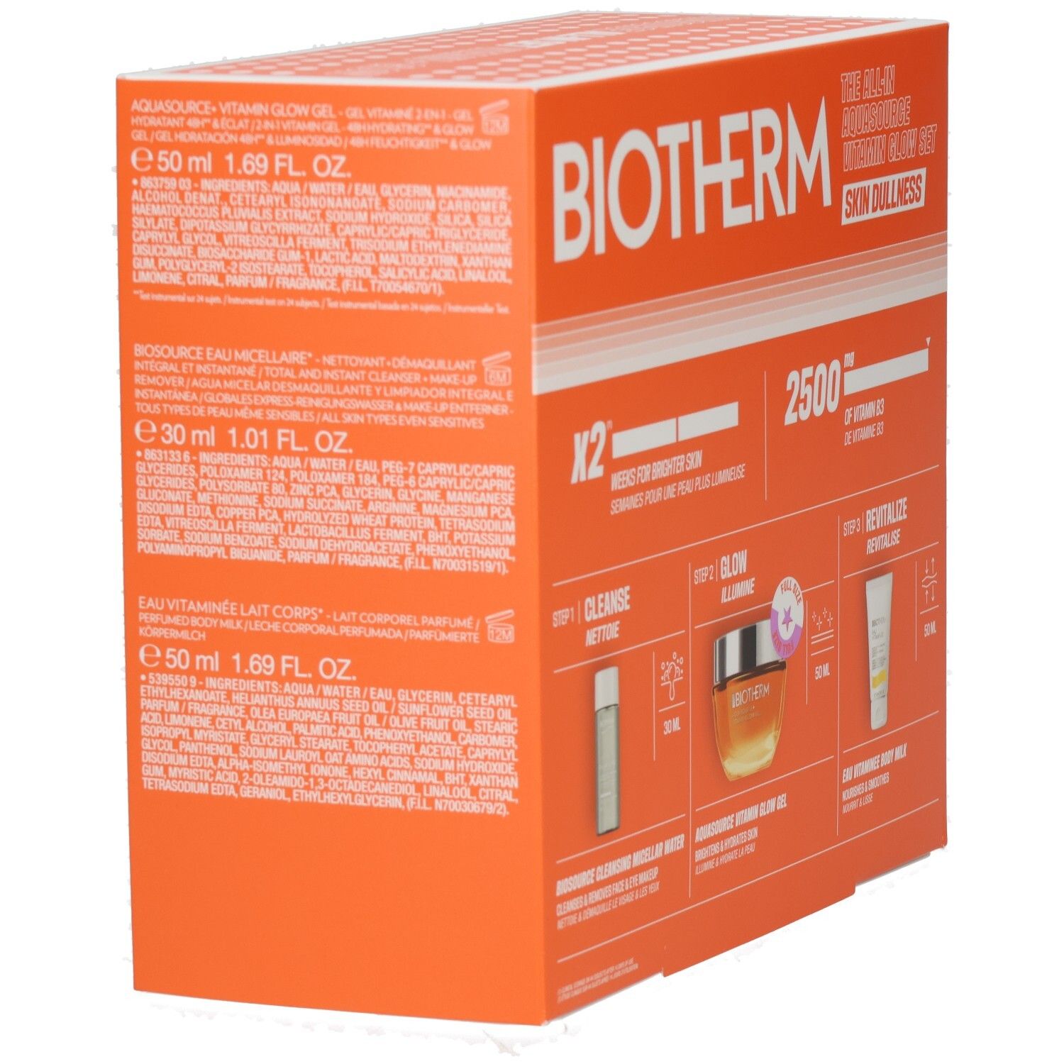 Seite der Biotherm Aquasource Vitamin Glow Set Kosmetikverpackung mit detaillierten Produktinformationen.