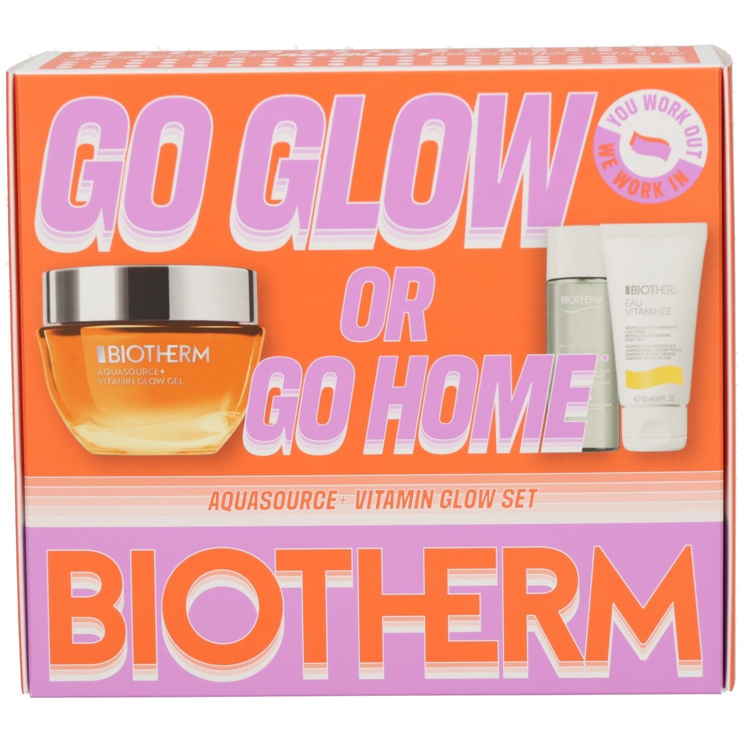 Biotherm Aquasource Vitamin Glow Set Kosmetikverpackung mit drei Produkten und Text.