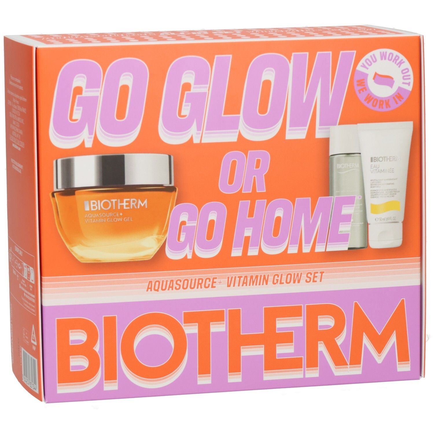 Biotherm Aquasource Vitamin Glow Set Kosmetikverpackung mit drei Produkten und Text.