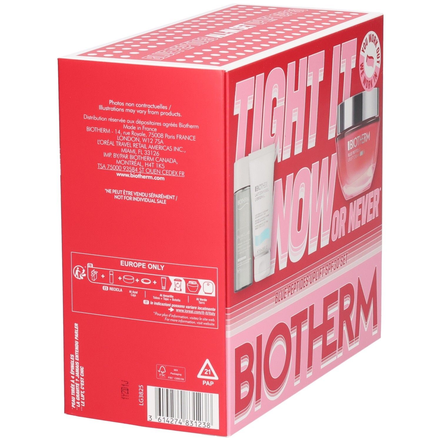 Rückseite einer Biotherm Blue Therapy Uplift Set Verpackung mit Produktinformationen.