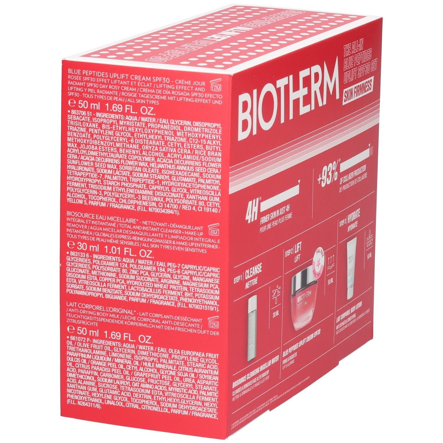 Biotherm Blue Therapy Uplift Set: Zutatenliste und Produktbeschreibungen auf roter Verpackung.