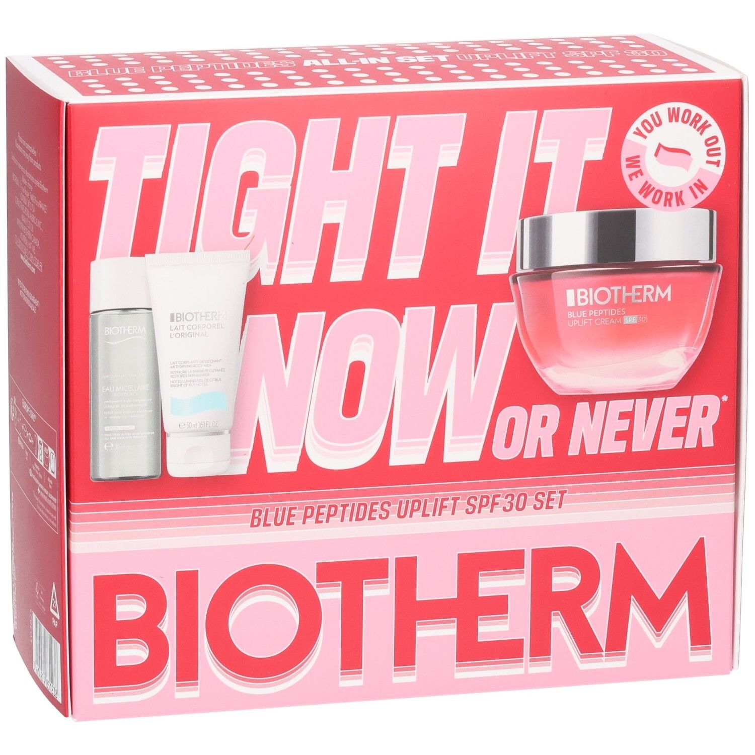 Biotherm Blue Therapy Uplift Set: Tiegel und zwei Fläschchen auf rotem Karton.