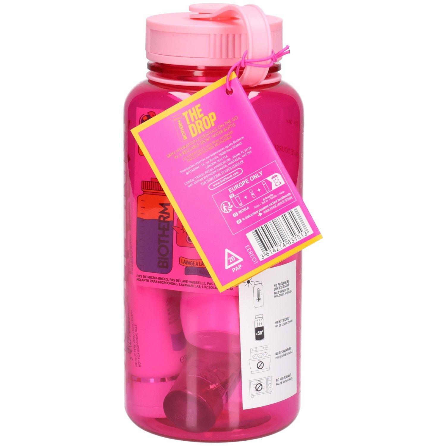 Pinke BIOTHERM Wasserflasche mit kosmetischen Produkten und Anhänger.