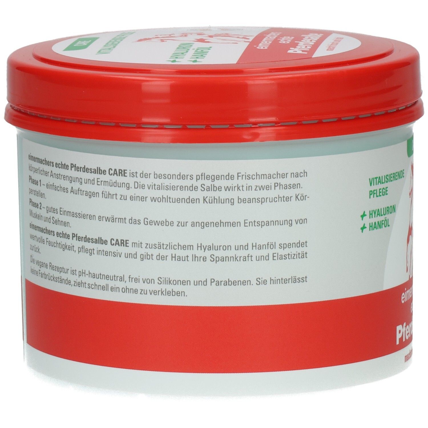 Rückseite der Eimermachers echte Pferdesalbe CARE Dose mit Anwendungshinweisen und Inhaltsstoffen.