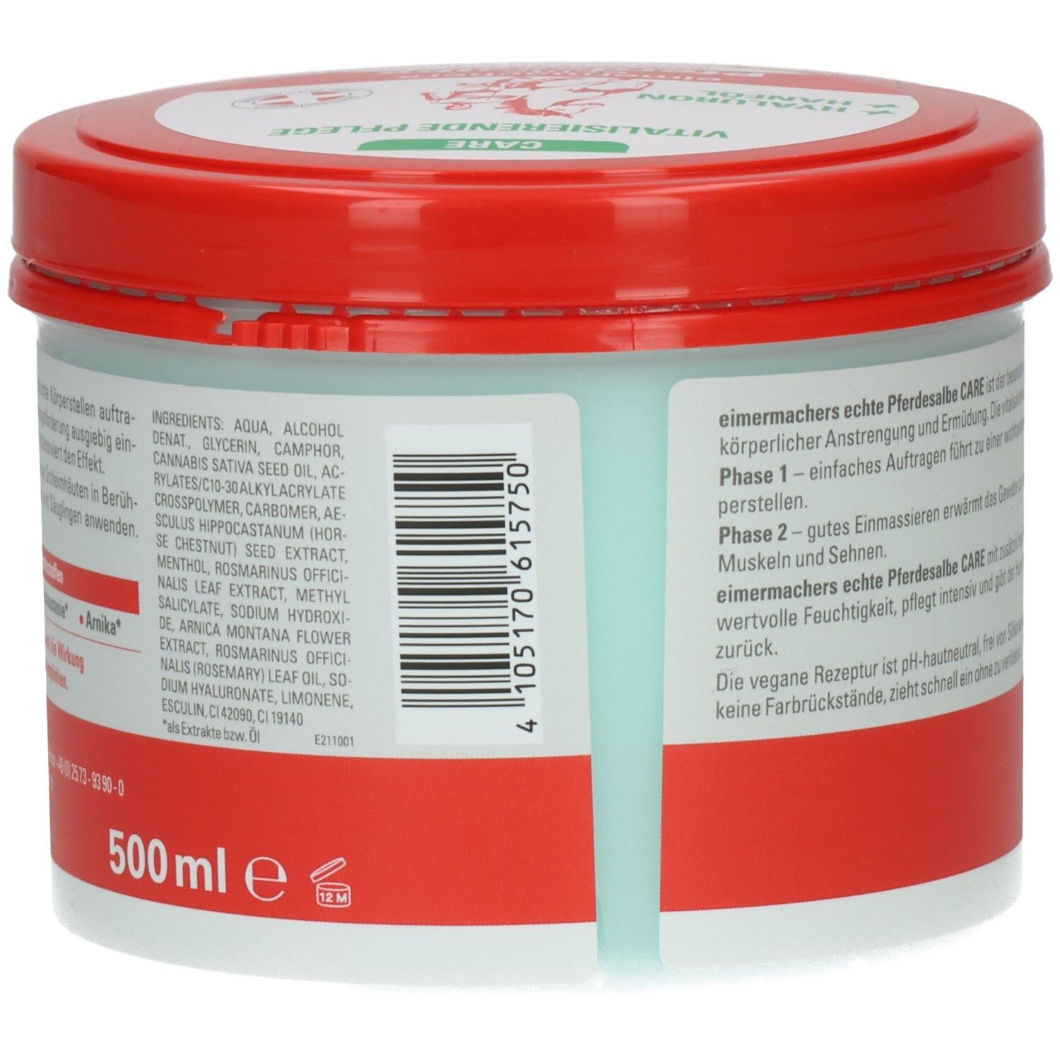 Seitenansicht der Eimermachers echte Pferdesalbe CARE Dose. Enthält eine Liste der Inhaltsstoffe und 500 ml Angabe.