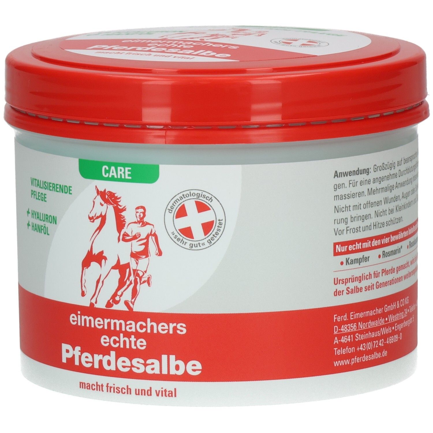 Vorderseite der Eimermachers echte Pferdesalbe CARE Dose. Zeigt ein Pferd, einen Läufer und dermatologische Prüfung.