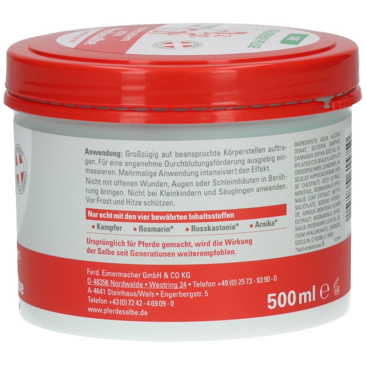 Rückseite der Eimermachers echte Pferdesalbe CARE Dose mit Anwendungshinweisen und Inhaltsstoffen.