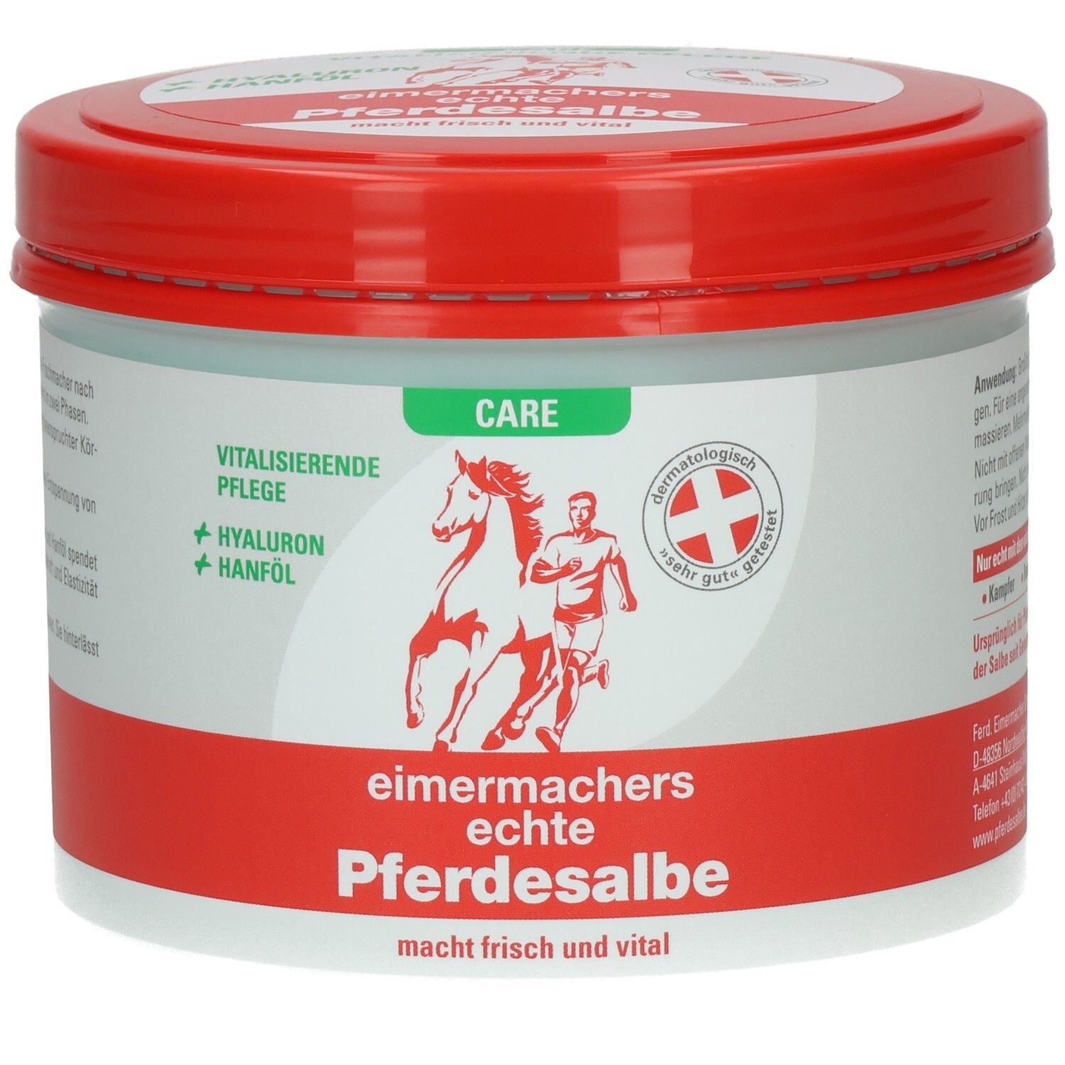 Eimermachers echte Pferdesalbe CARE Dose mit rotem Deckel. Zeigt ein Pferd und einen Läufer.