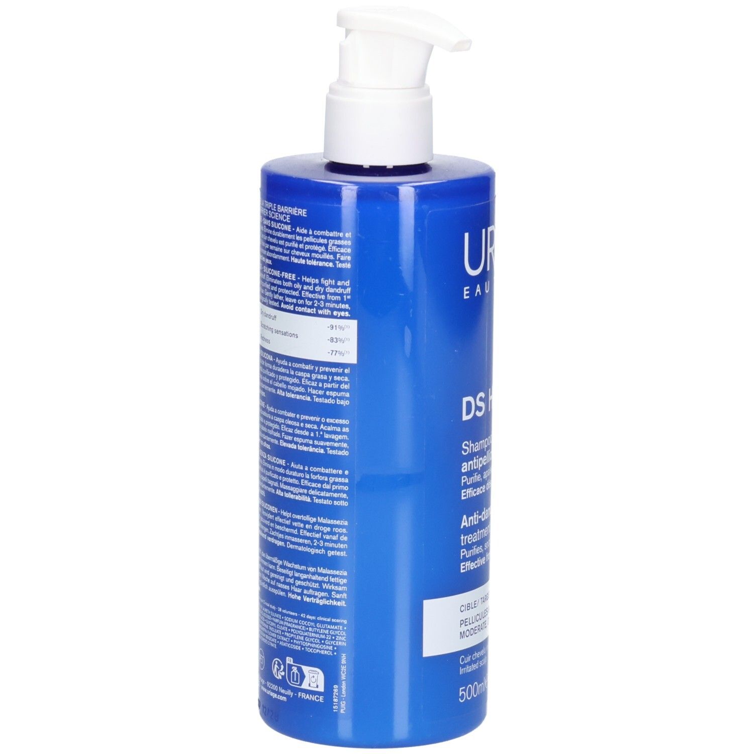 Rückseite der blauen Flasche mit Uriage DS Hair Shampoo, detaillierte Produktinformationen.