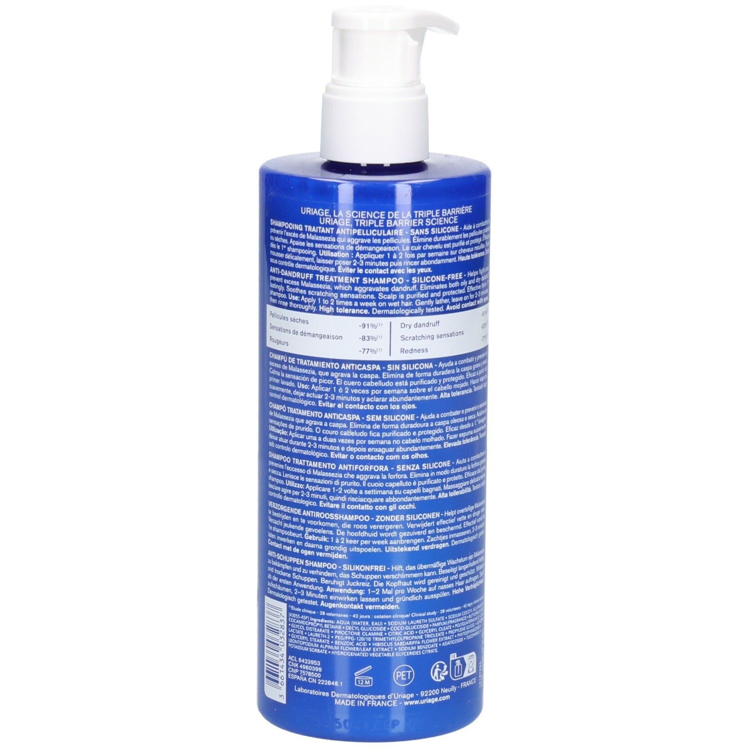 Rückseite der blauen Flasche mit Uriage DS Hair Shampoo, Anwendungshinweise und Inhaltsstoffe.