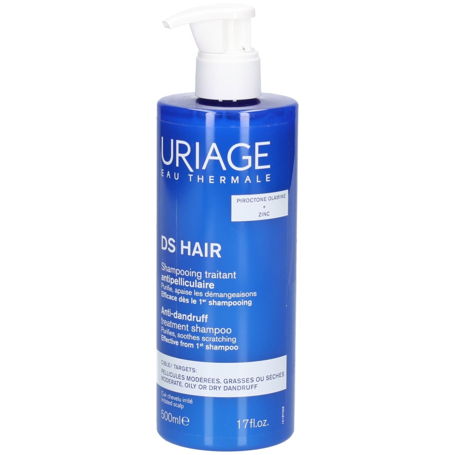 Blaue Flasche mit weißem Pumpspender, Uriage DS Hair Shampoo, mit Pirocton Olamine und Zink.