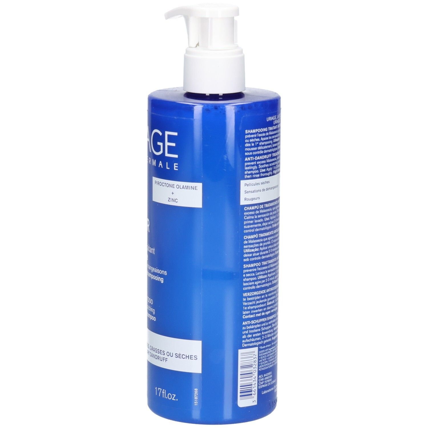 Rückseite der blauen Flasche mit Uriage DS Hair Shampoo, Pirocton Olamine und Zink.
