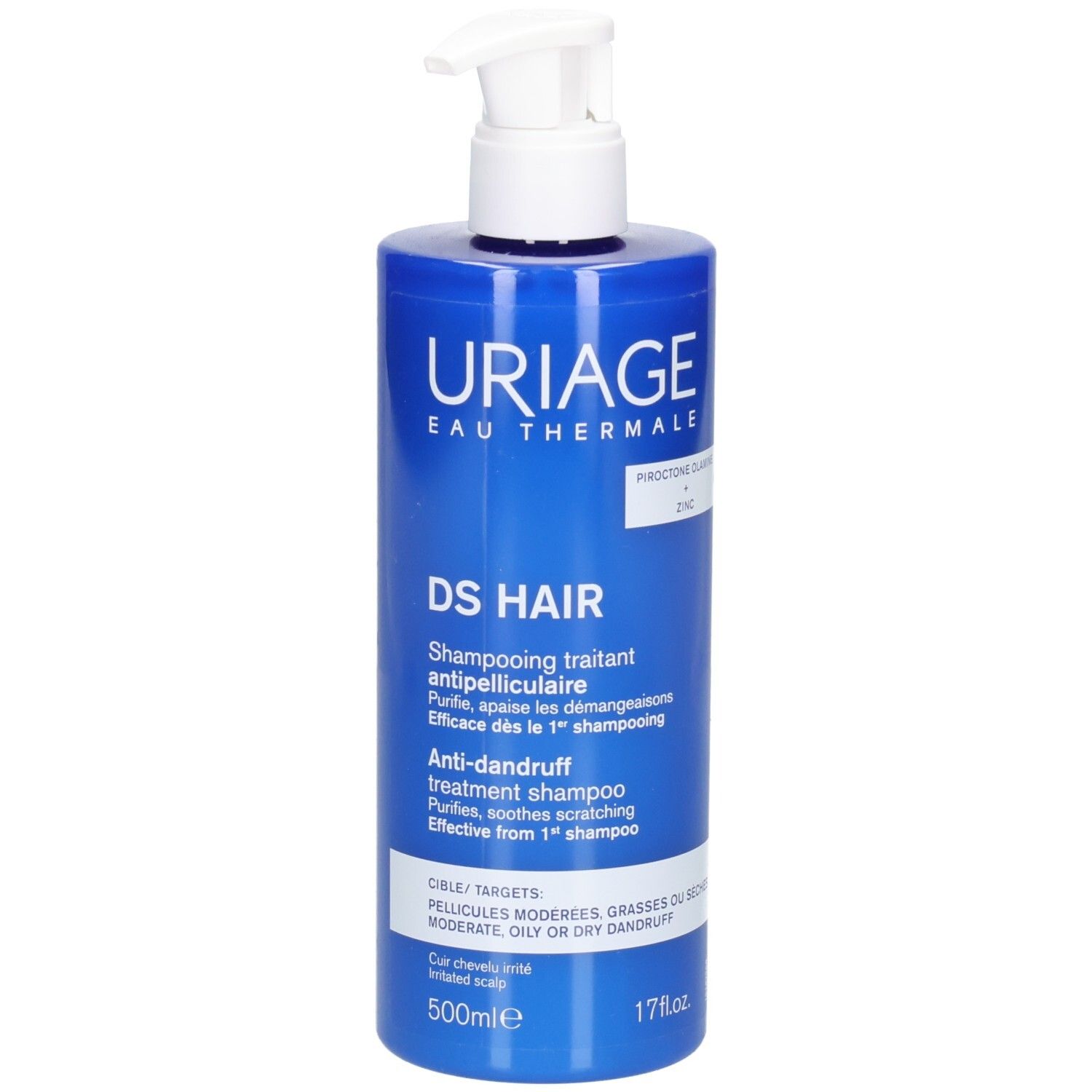 Blaue Flasche mit weißem Pumpspender, Uriage DS Hair Shampoo, 500ml, Pirocton Olamine und Zink.
