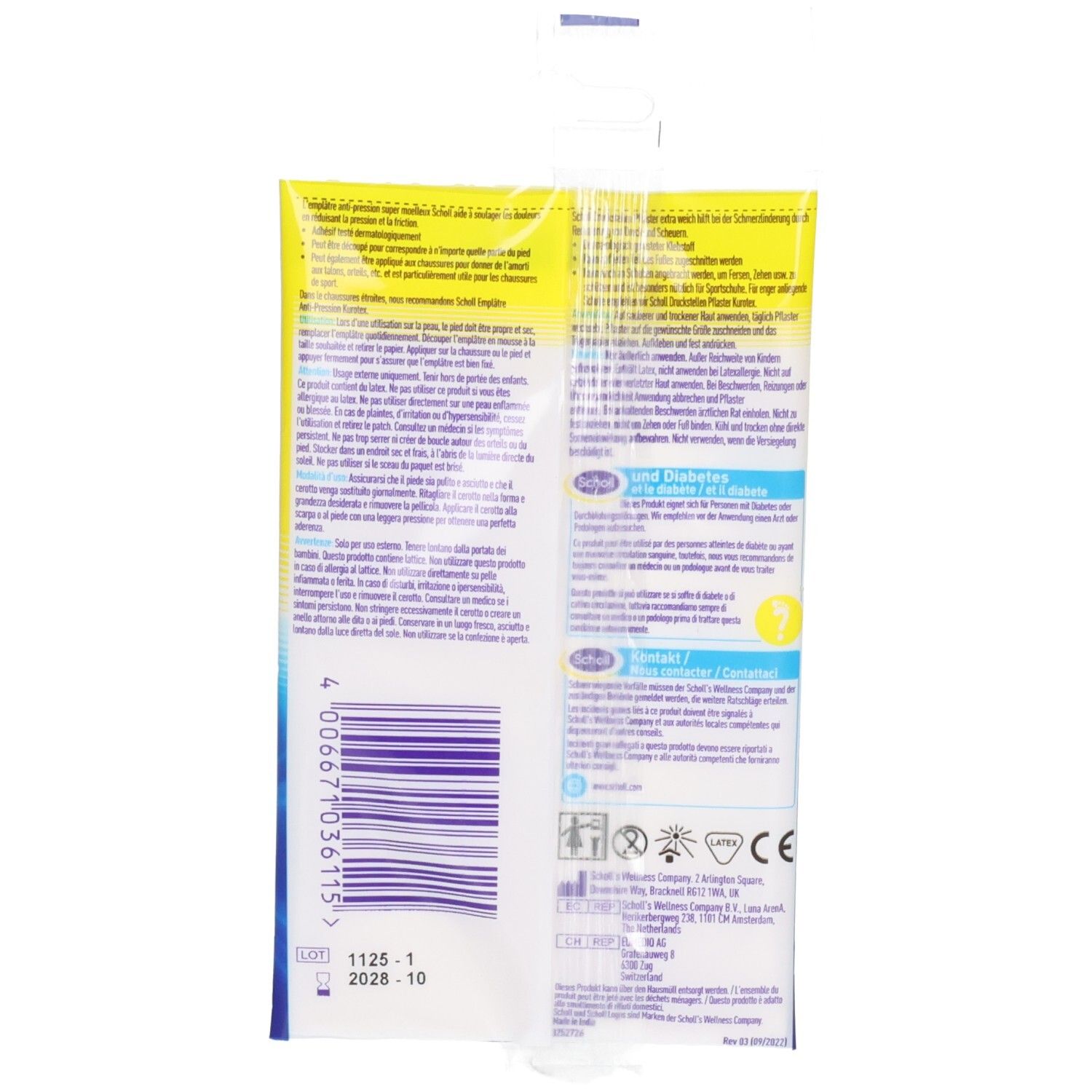 Rückseite der Scholl Druckstellen Pflaster extra weich Packung mit Anwendungshinweisen und Produktinformationen.