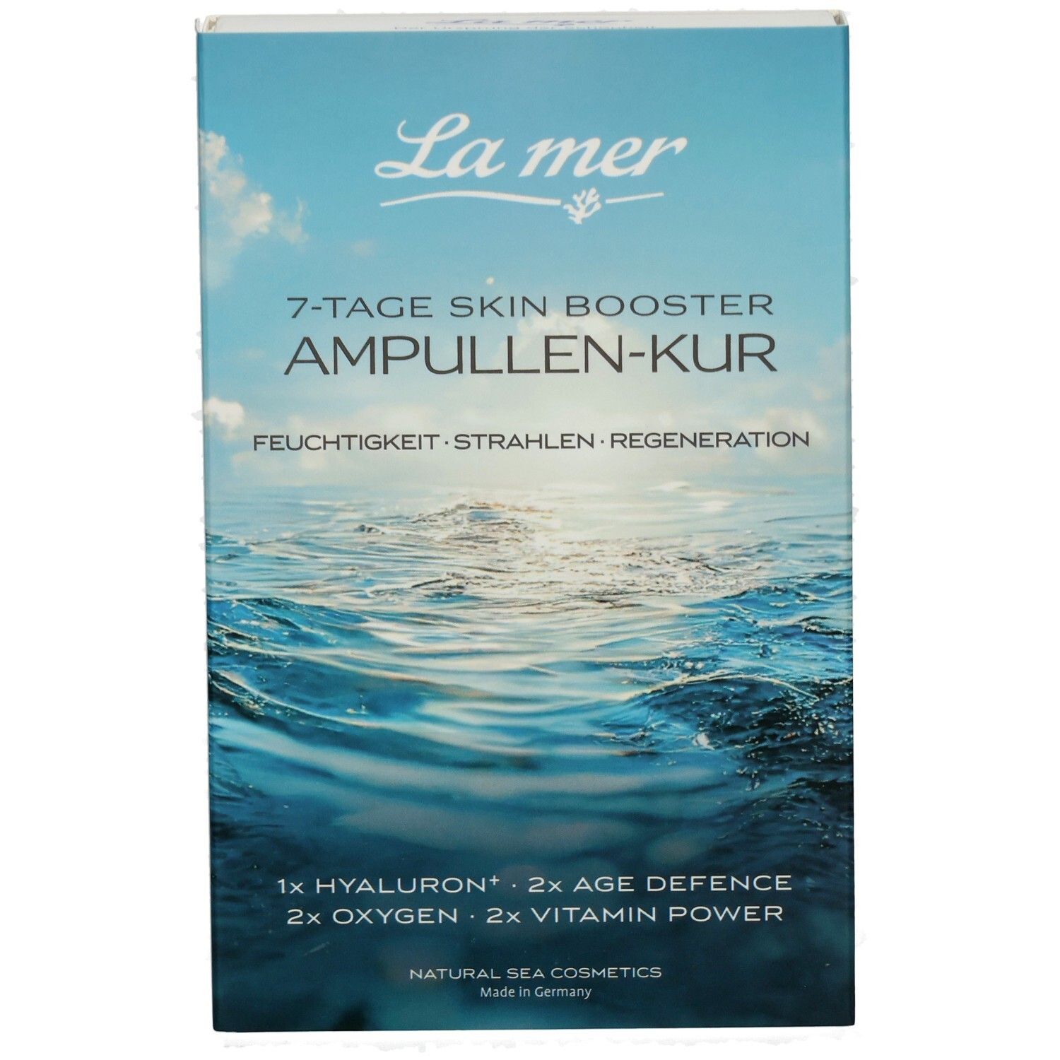 Verpackung der 7-Tage Skin Booster Ampullen-Kur von La mer mit Meeresmotiv.