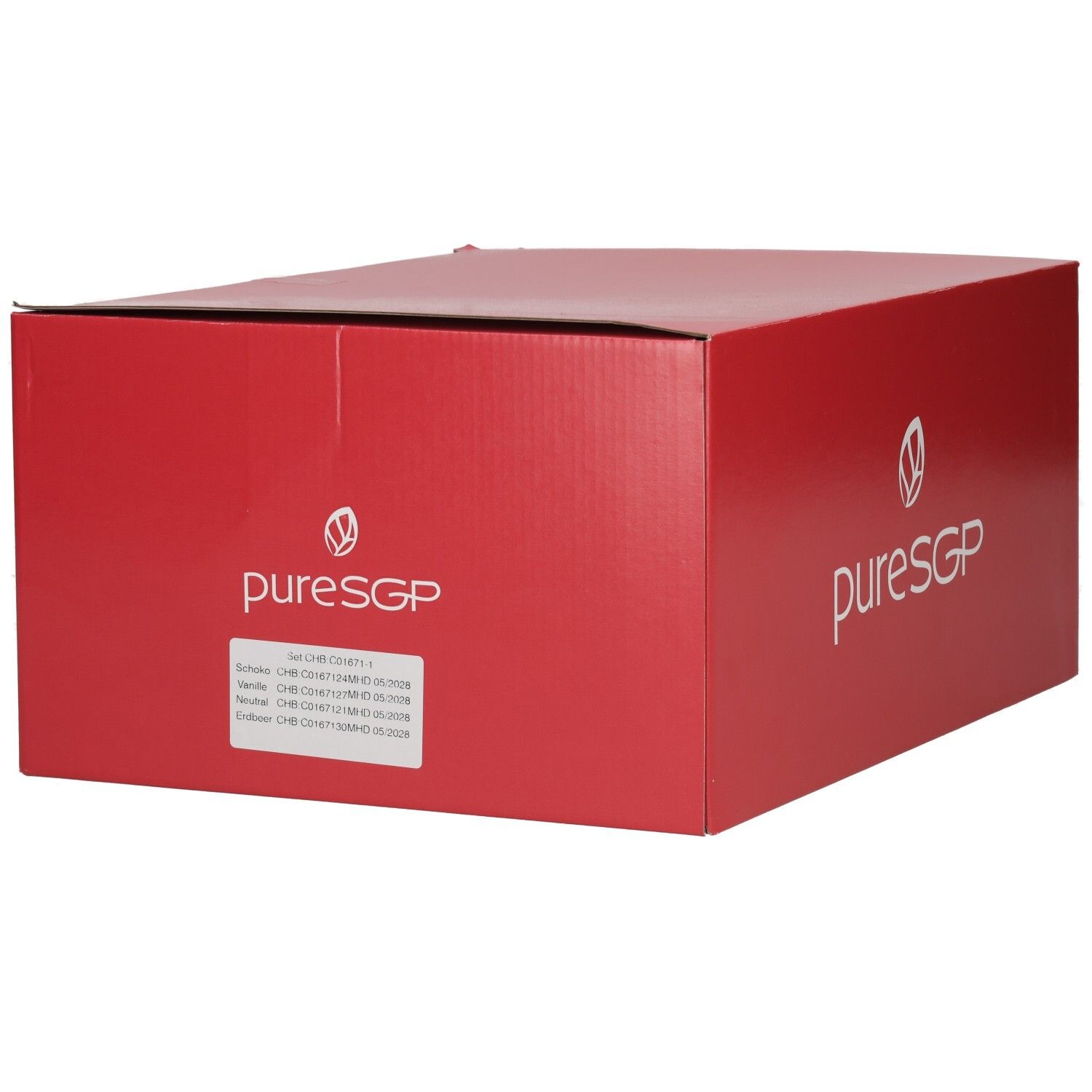 Rote PuresGP Kartonverpackung mit weißem Logo und Beschriftungsfeld.