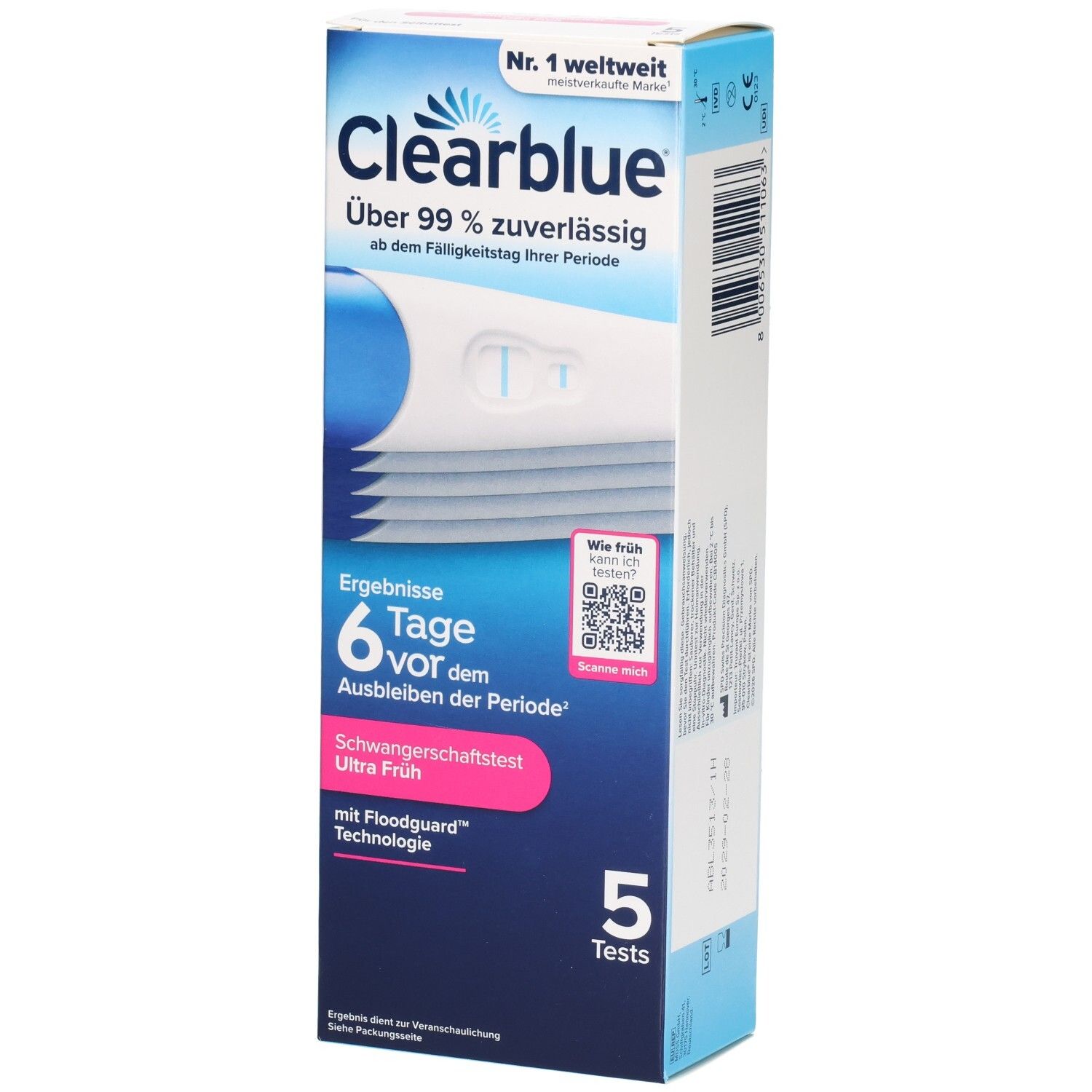 Clearblue Schwangerschaftstest Ultra Frühtest Packung mit 5 Tests. Zeigt ein positives Ergebnis an.