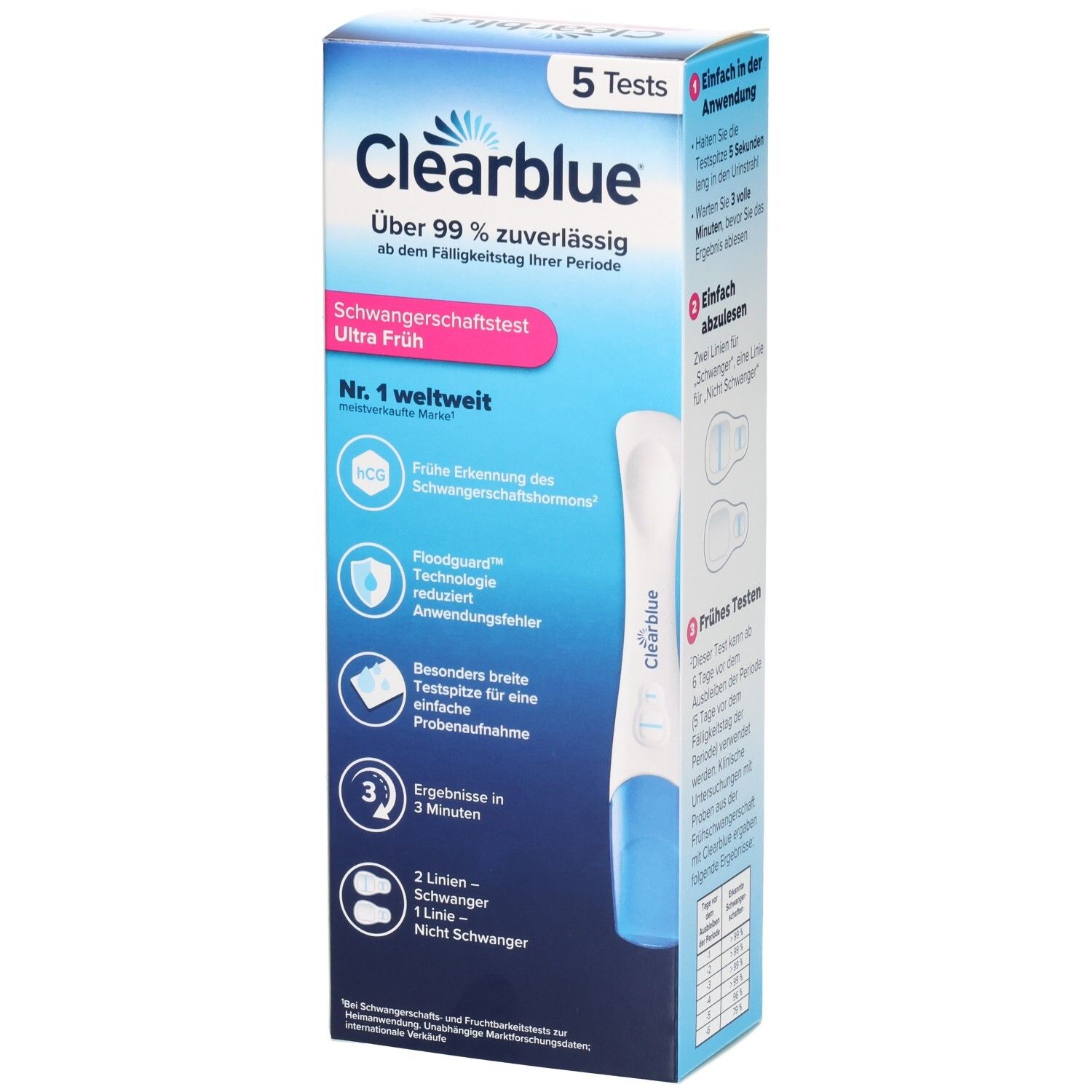 Clearblue Schwangerschaftstest Ultra Frühtest Packung mit 5 Tests. Zeigt Testspitze und Ergebnis.