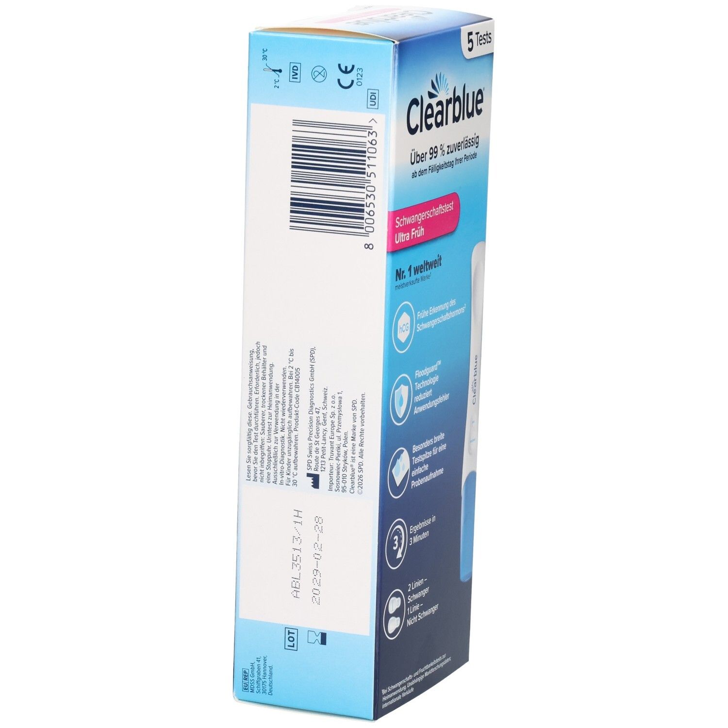 Clearblue Schwangerschaftstest Ultra Frühtest Packung mit 5 Tests. Rückseite mit Barcode und Informationen.