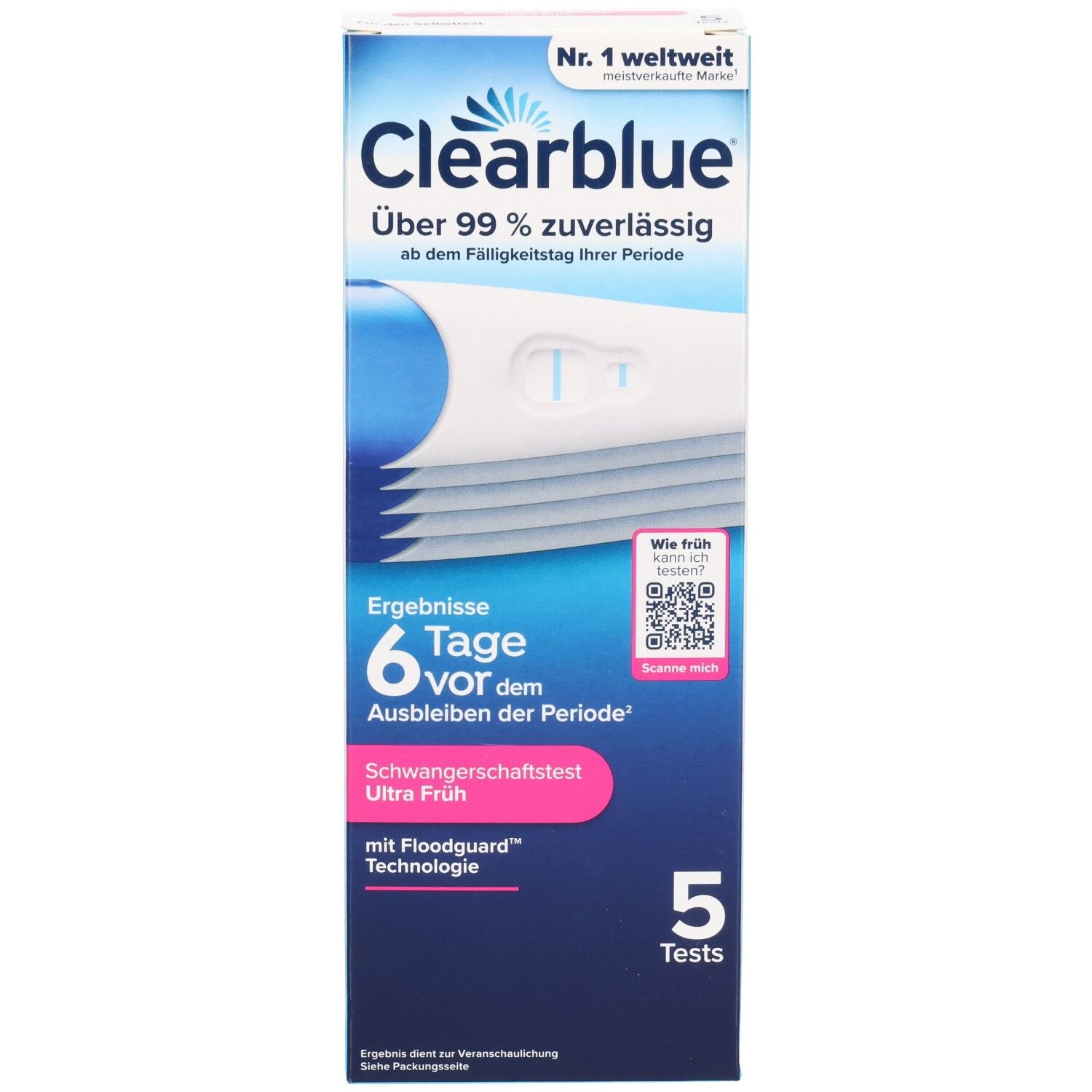 Clearblue Schwangerschaftstest Ultra Frühtest Packung mit 5 Tests. Zeigt ein positives Ergebnis an.