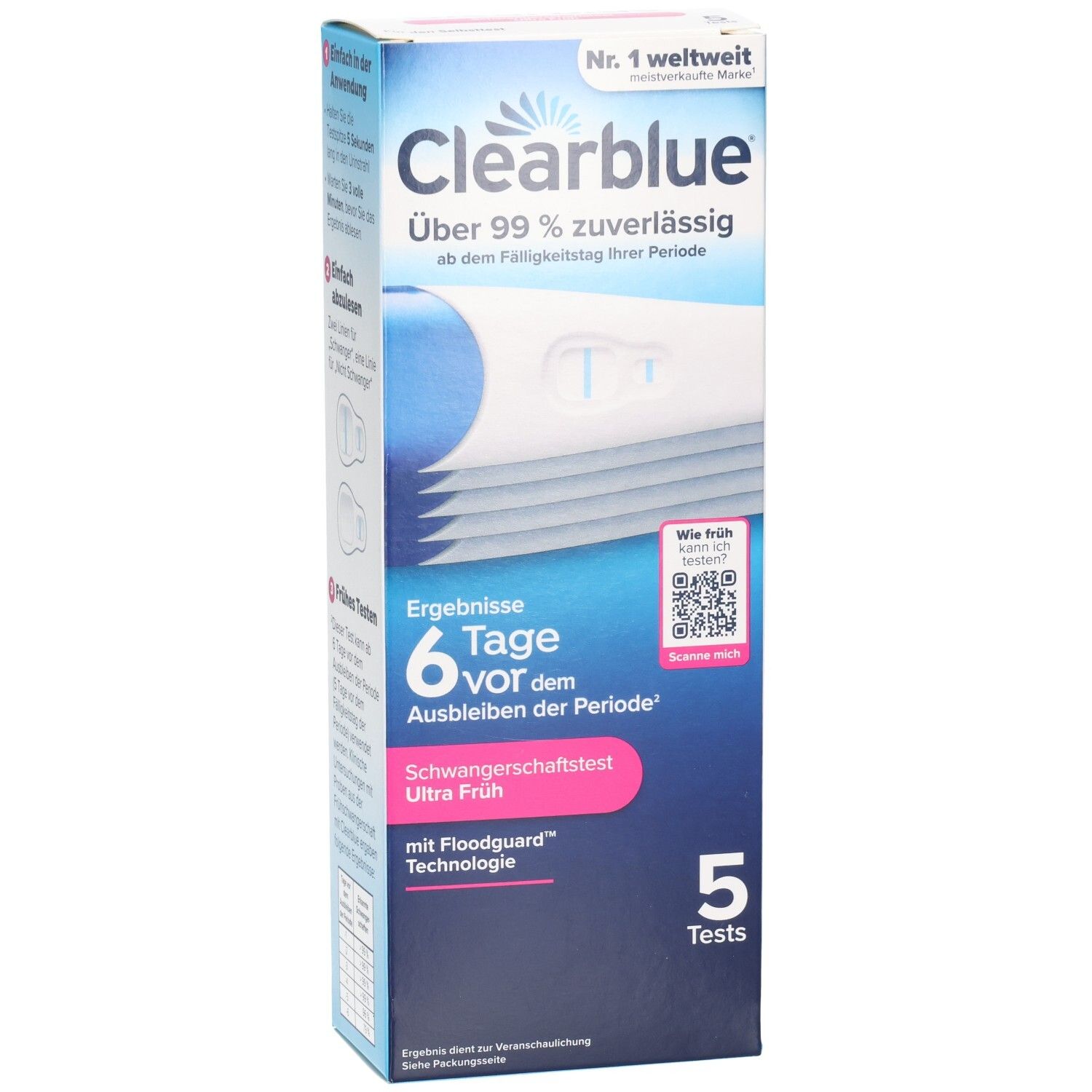 Clearblue Schwangerschaftstest Ultra Frühtest Packung mit 5 Tests. Zeigt ein positives Ergebnis an.