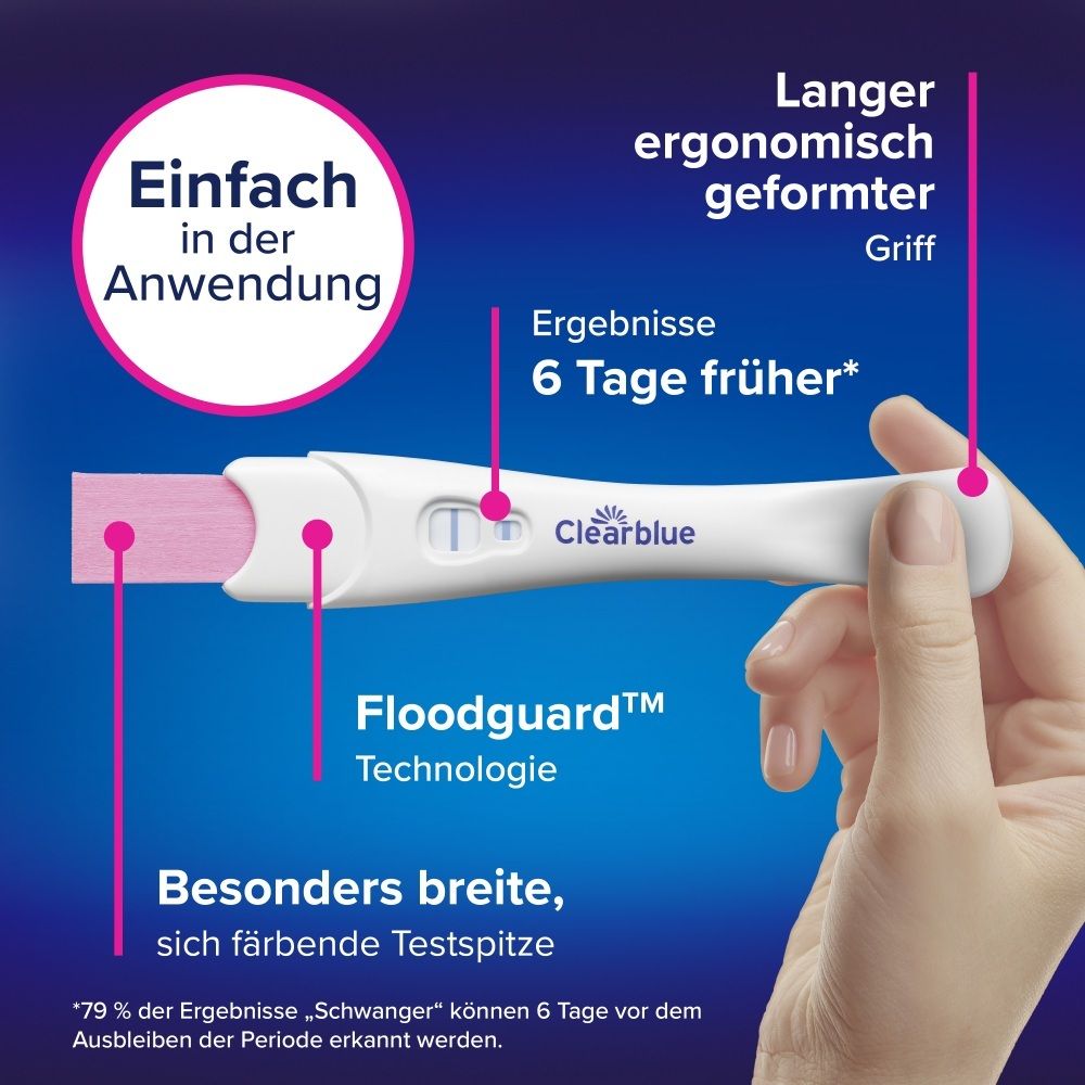 Hand hält Clearblue Schwangerschaftstest mit breiter Testspitze und Floodguard™ Technologie. Ergonomischer Griff.