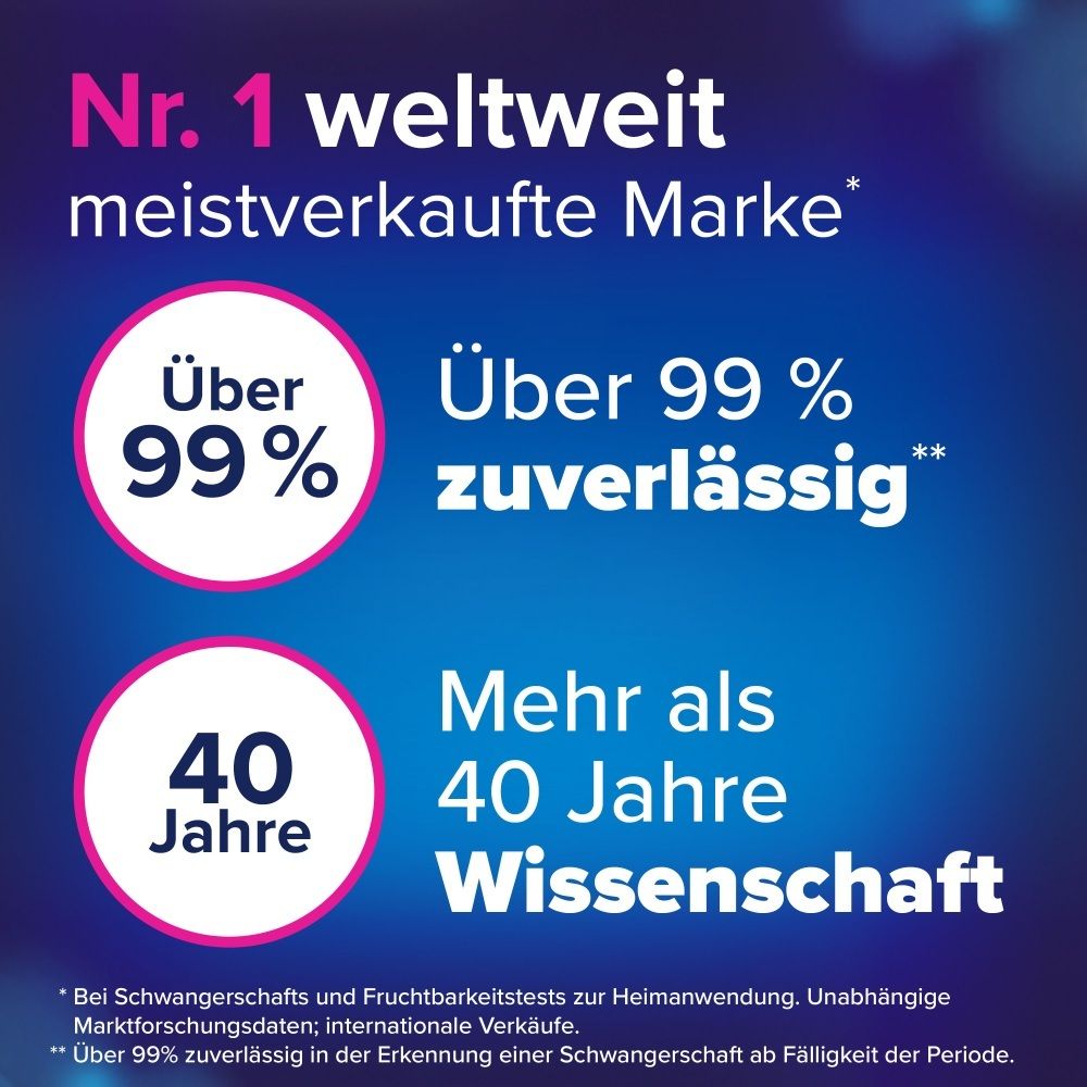 Clearblue: Nr. 1 weltweit, über 99% zuverlässig, über 40 Jahre Wissenschaft. Informationen auf blauem Hintergrund.