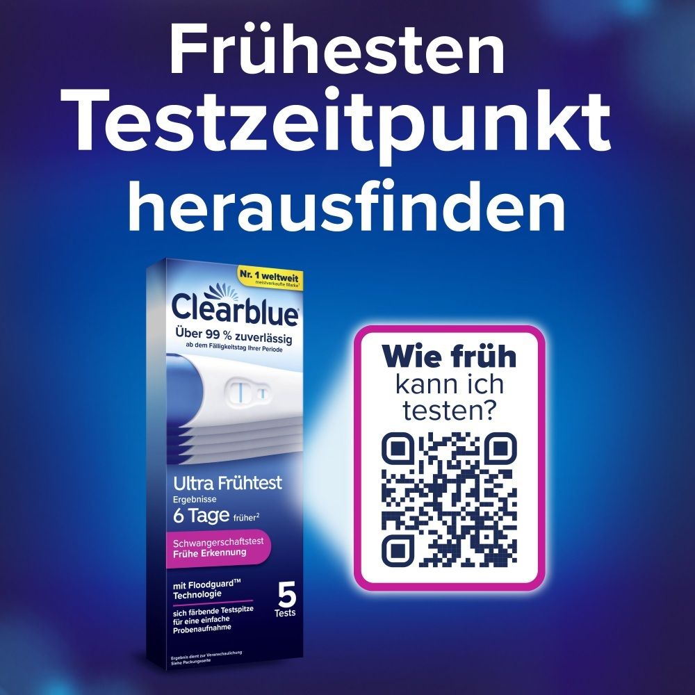 Clearblue Schwangerschaftstest Ultra Früh: Ergebnisse 6 Tage früher. QR-Code für Testzeitpunkt-Informationen.
