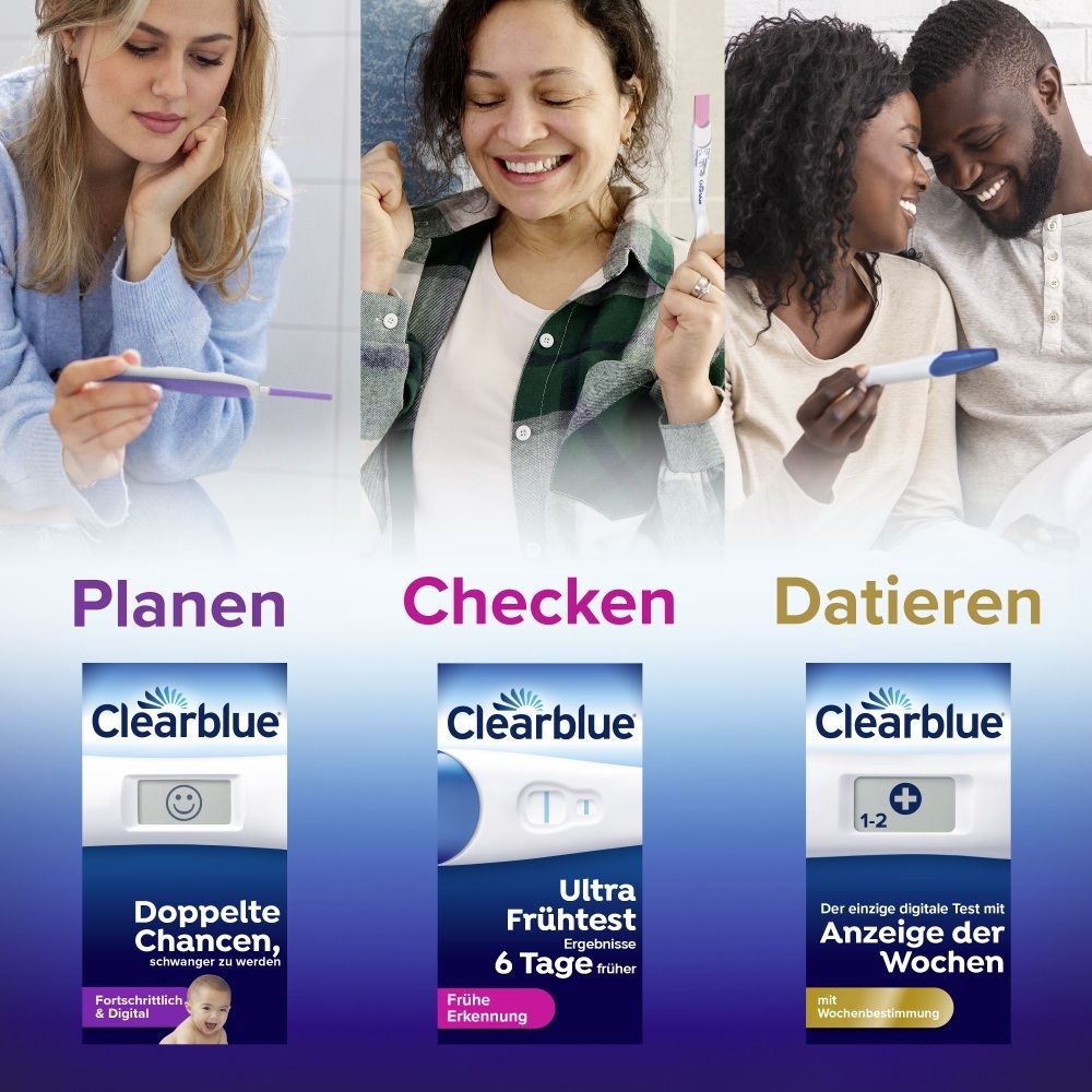 Drei Szenarien: Planen, Checken, Datieren mit Clearblue Schwangerschaftstests. Zeigt verschiedene Testergebnisse.
