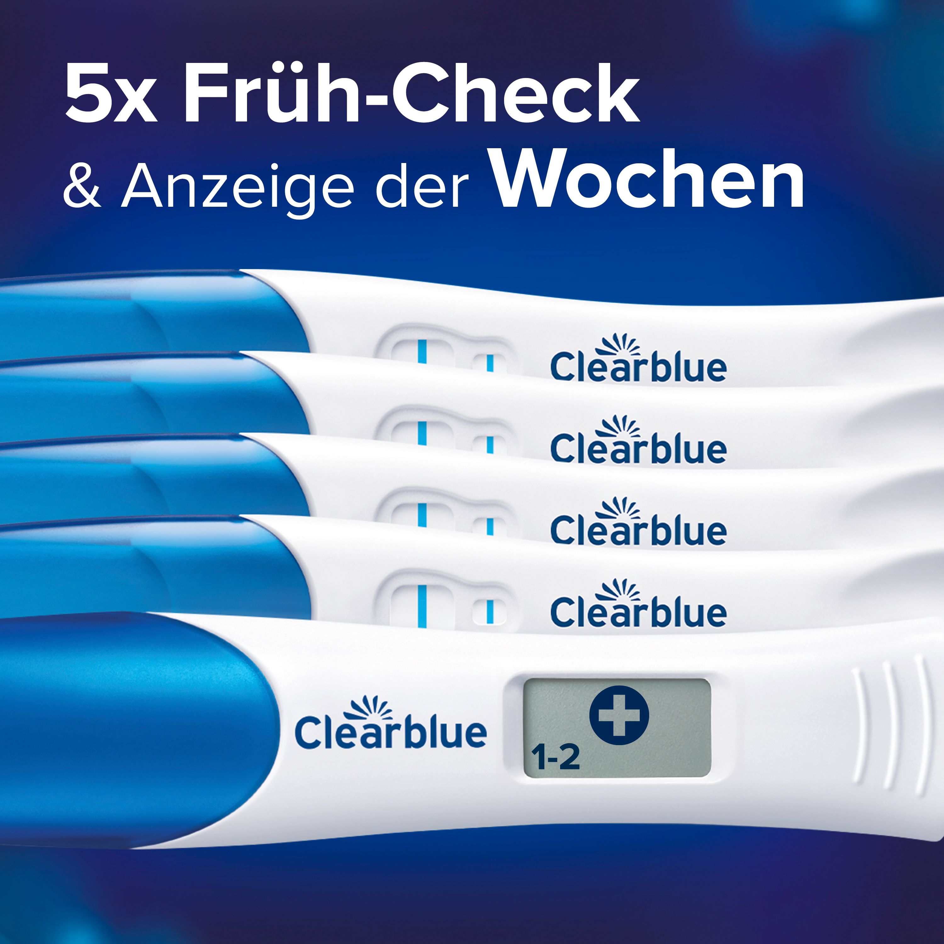 Fünf digitale Clearblue Schwangerschaftstests mit Wochenbestimmung.