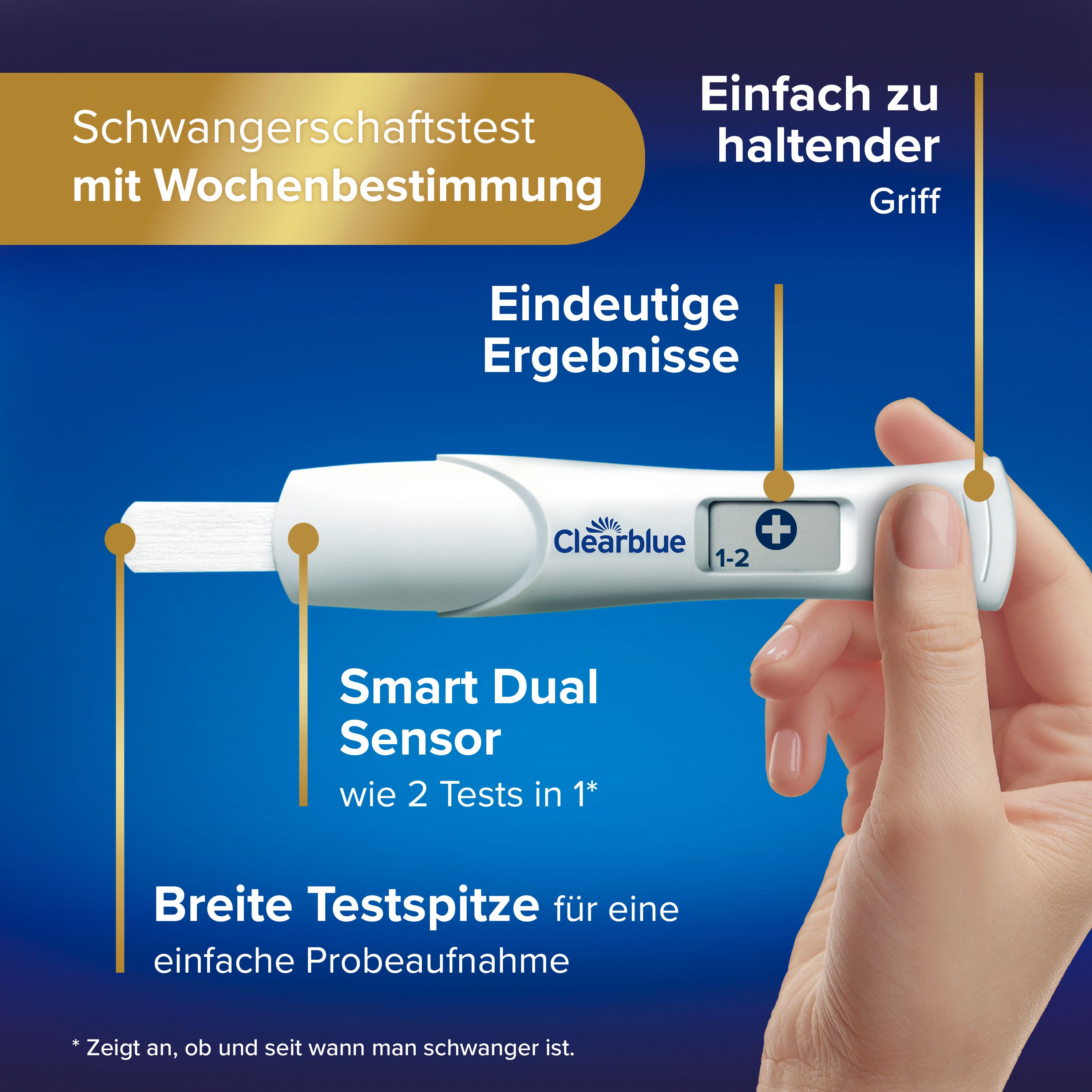 Ein Clearblue Schwangerschaftstest mit digitaler Wochenbestimmung, gehalten in der Hand.