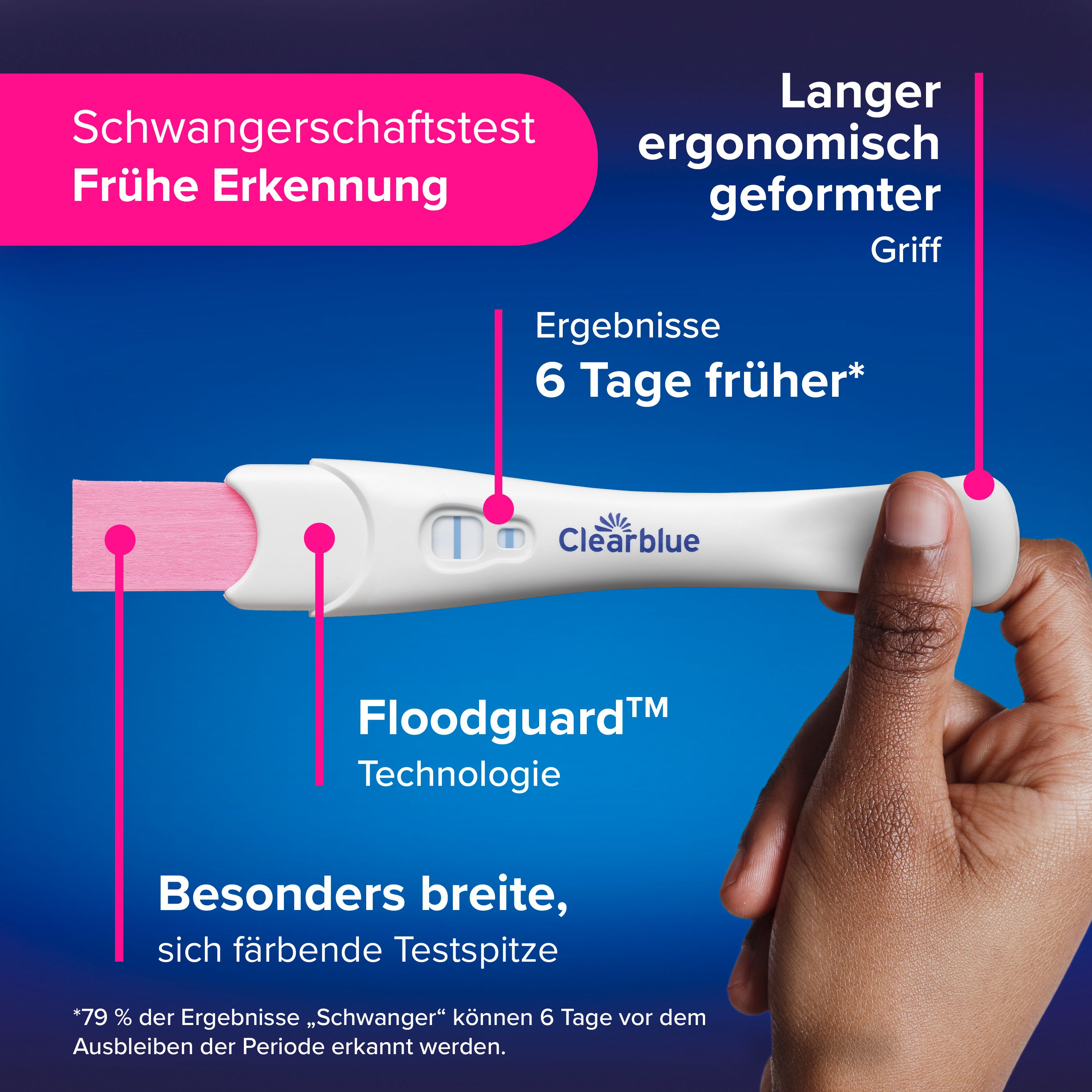 Ein Clearblue Schwangerschaftstest mit breiter Spitze und Floodguard™ Technologie.