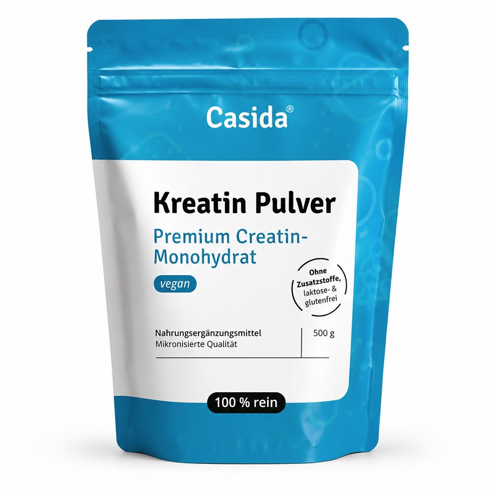 Casida Kreatin Pulver in blauer Standbodenbeutel. 500g. Vegan, laktose- & glutenfrei.
